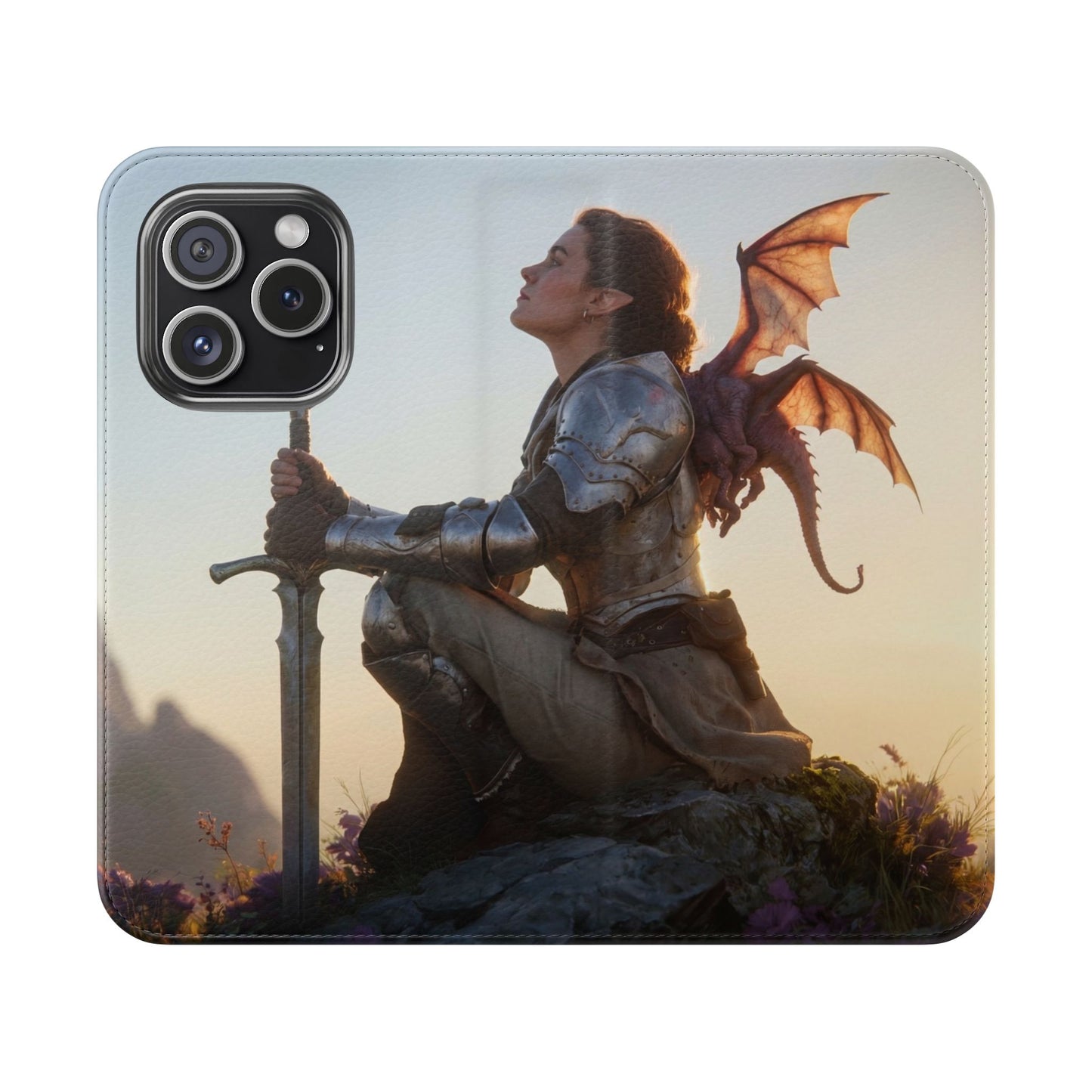 Dragon Knight Flip Cases – Sunlit Sentinel with Mini Drake and Sword