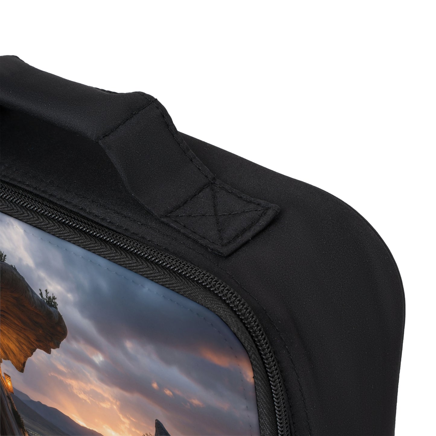 Twilight Mushroom Cottage Lunch Bag – Warm Glow Over Mountain Vista