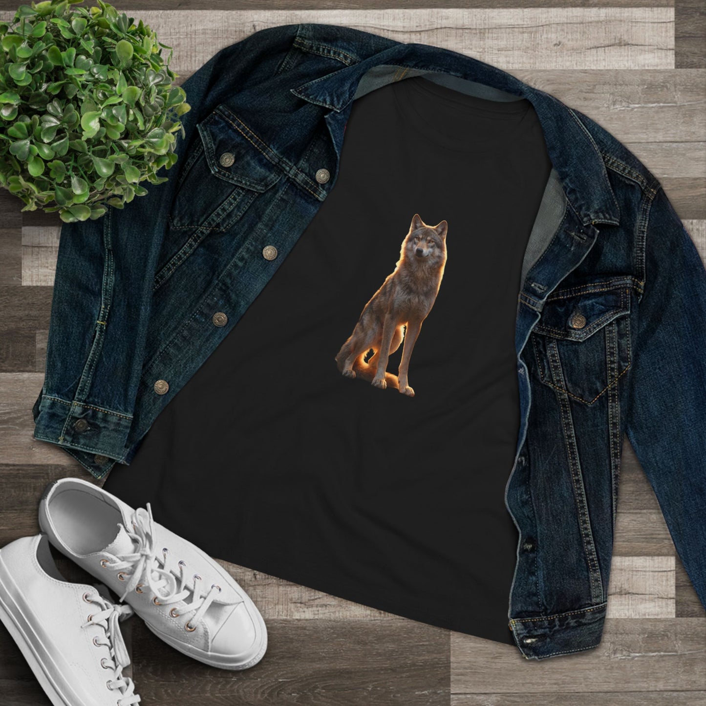 Sunlit Wolf Guardian Women's Cotton Tee – Amber Glow Sentinel