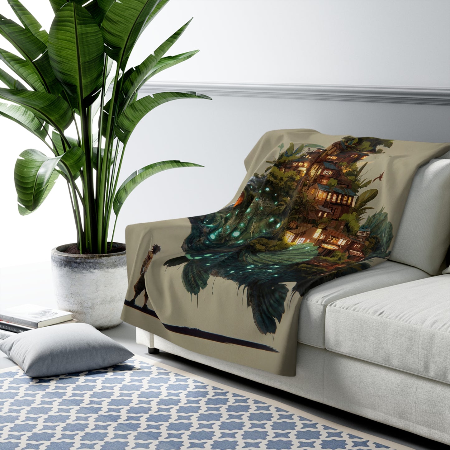 Bioluminescent Leviathan Blanket – Boy Stands Before Fish Castle Sherpa Fleece