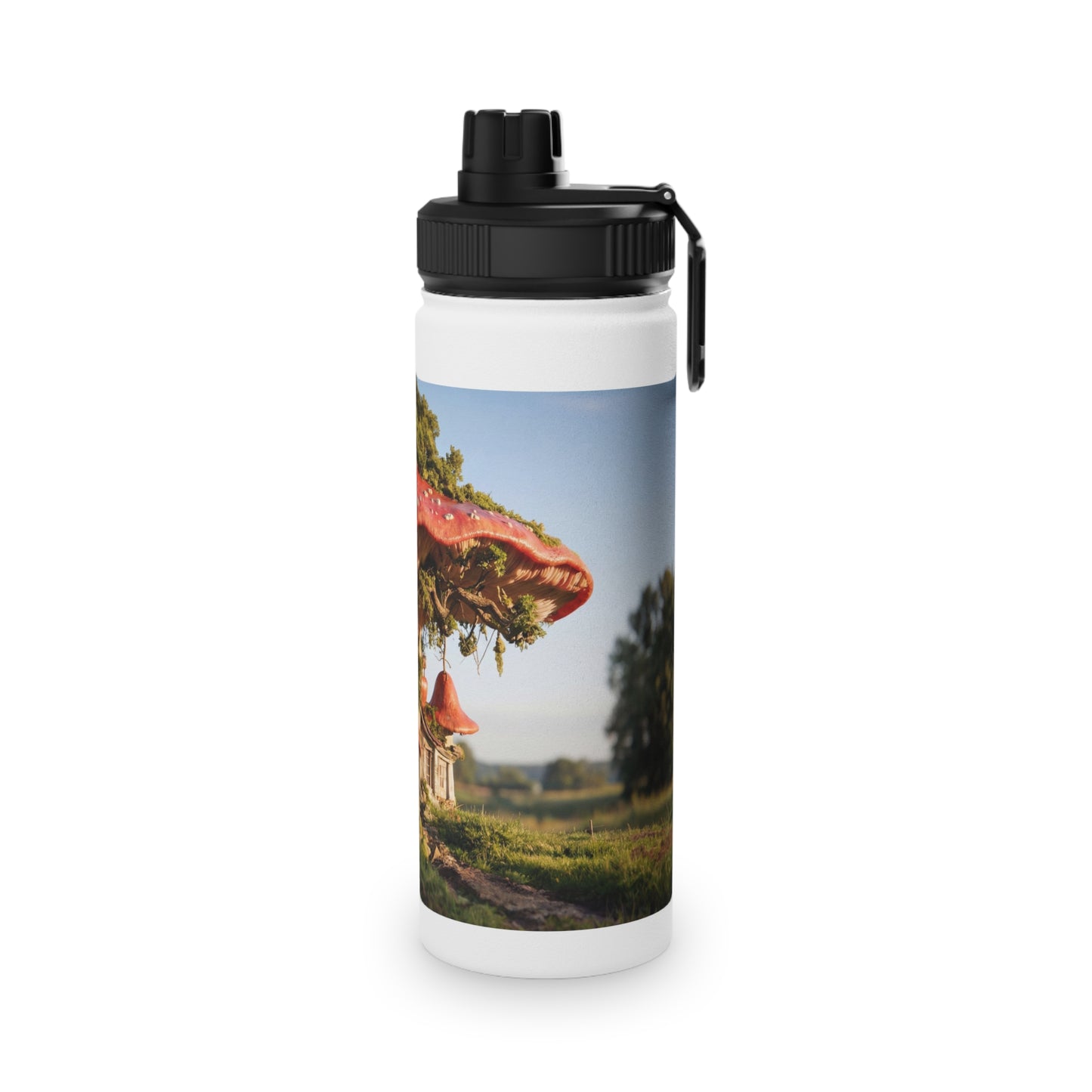 Mushroom Cottage Water Bottle – Red Cap Forest Dwelling with Gnarled Roots