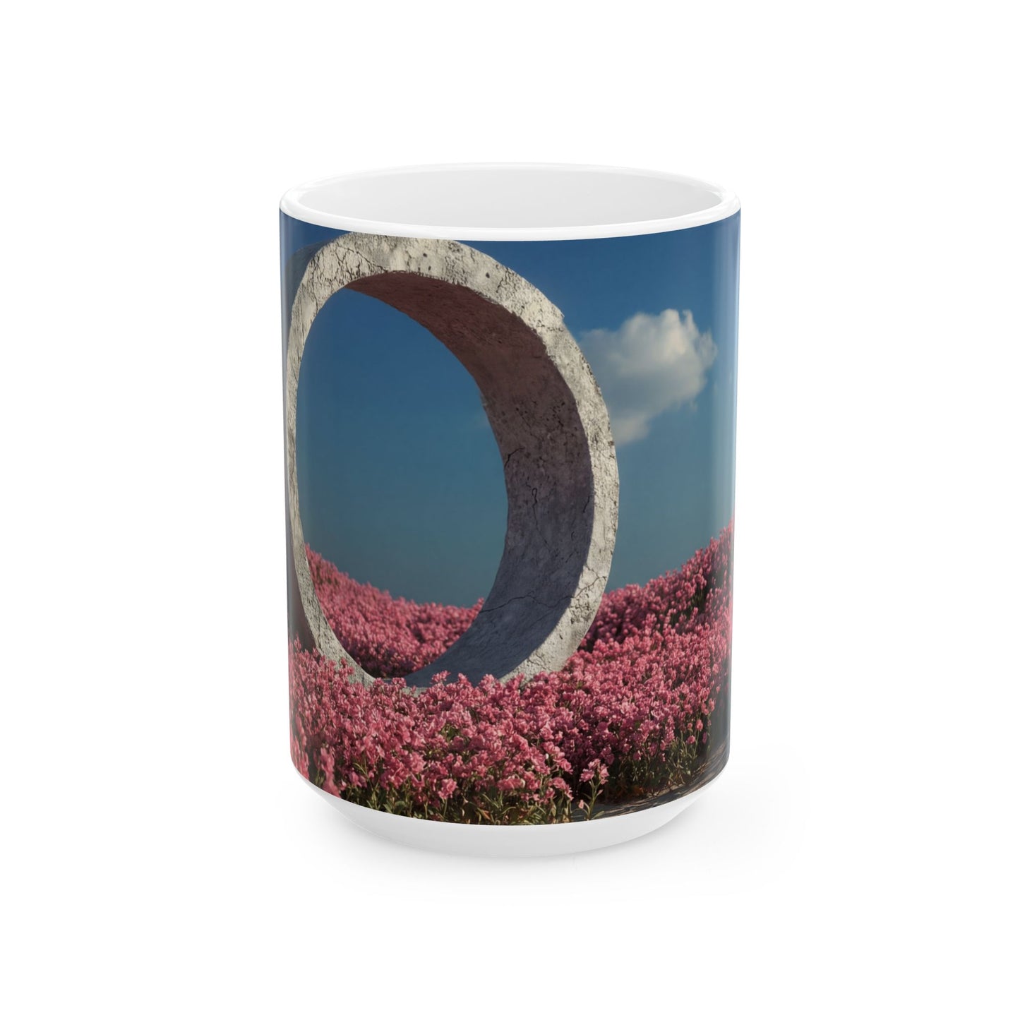 Stone Ring in Pink Bloom Field Ceramic Mug – Serene Portal to Wildflowers