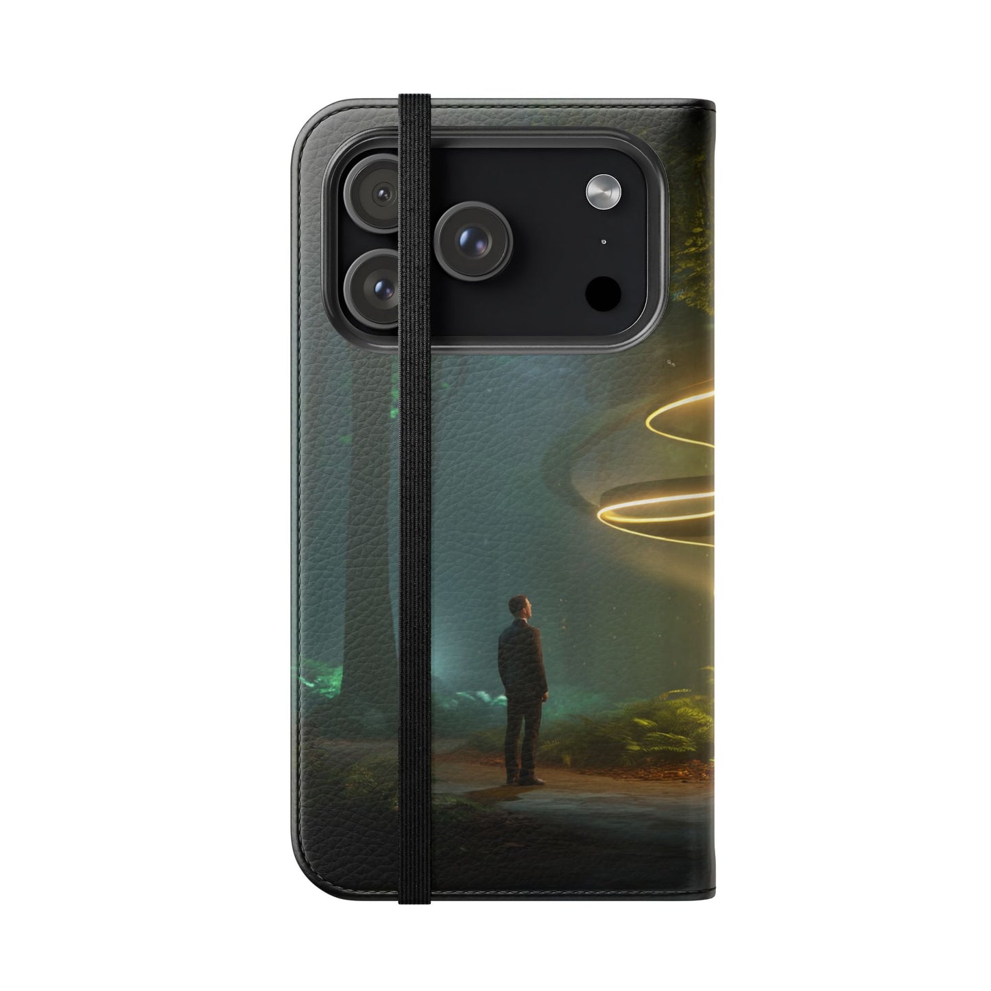 Luminous Spiral Forest Flip Cases – Golden Light Rings Mystery Scene