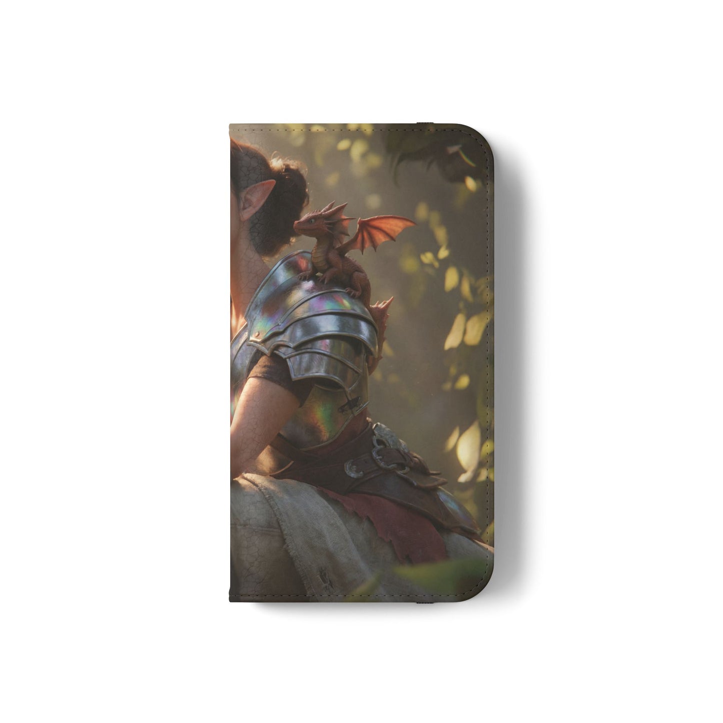 Elven Knight with Dragon Flip Cases – Iridescent Armor & Tiny Guardian Portrait