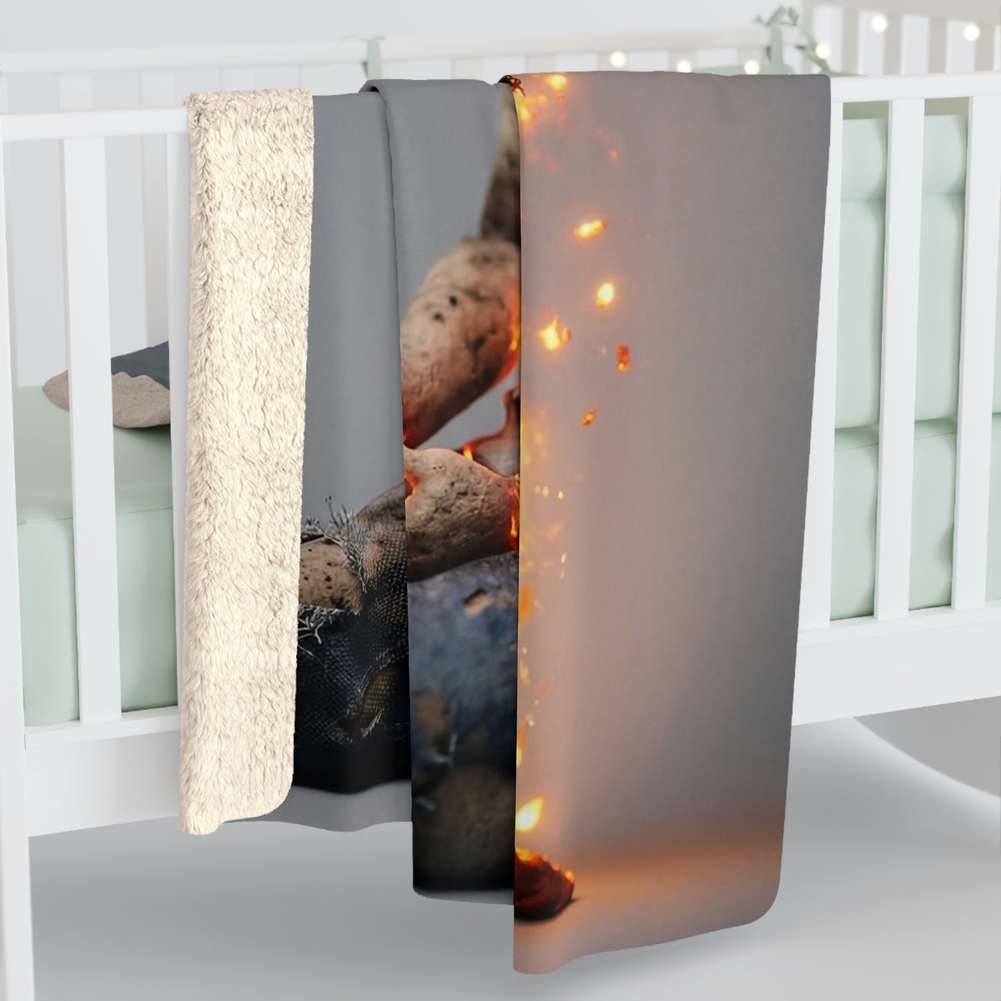 Ashen Sentinel Sherpa Fleece Blanket – Fiery Core Meditation Scene