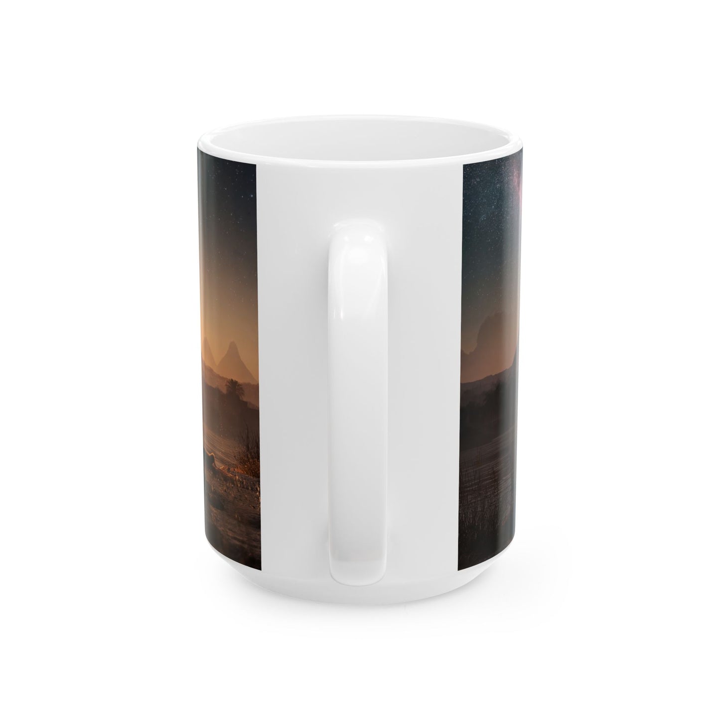 Starlit Pyramids Cat Mug – Ancient Nightwatchers Under Milky Way