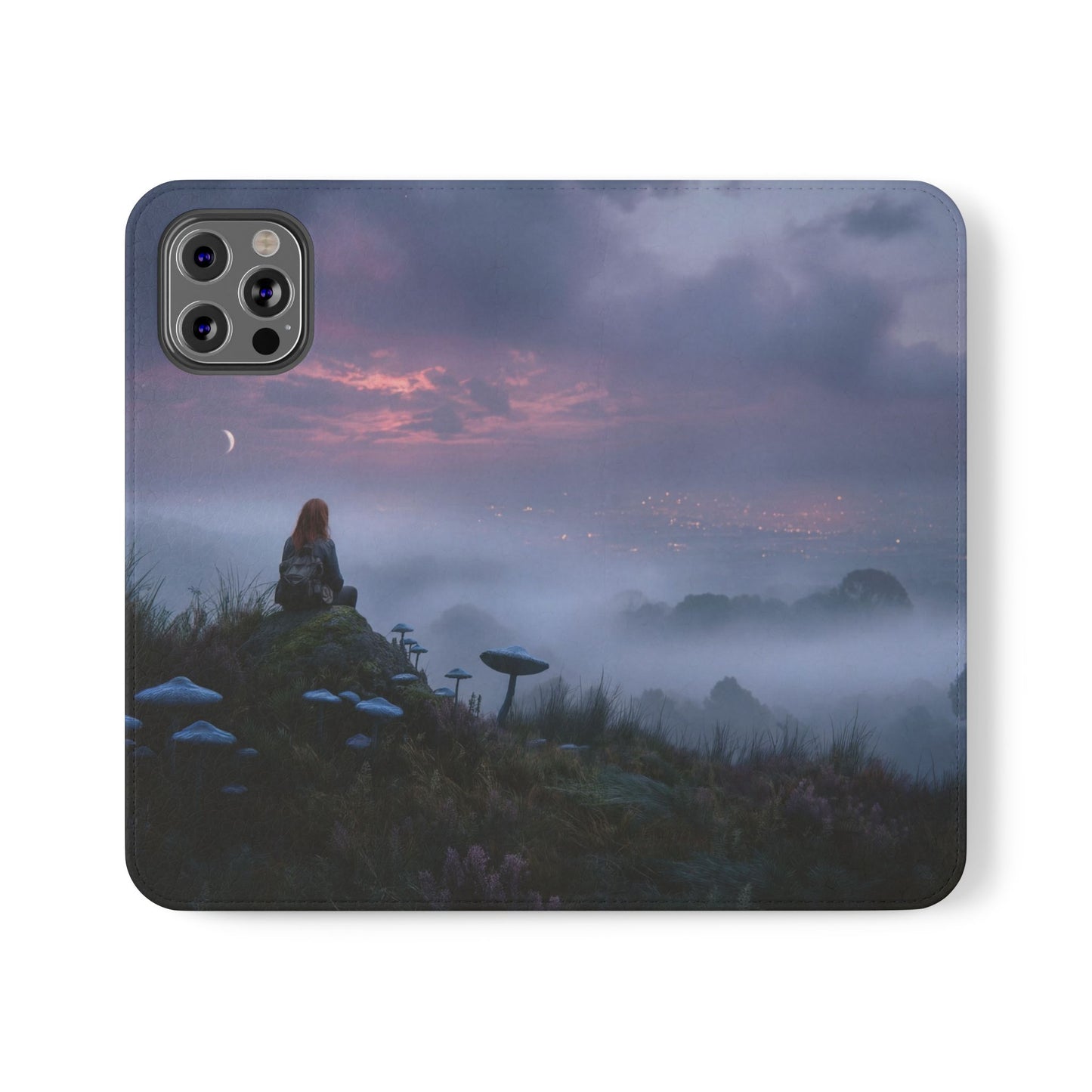 Misty Hilltop Flip Cases – Red-Haired Wanderer at Twilight