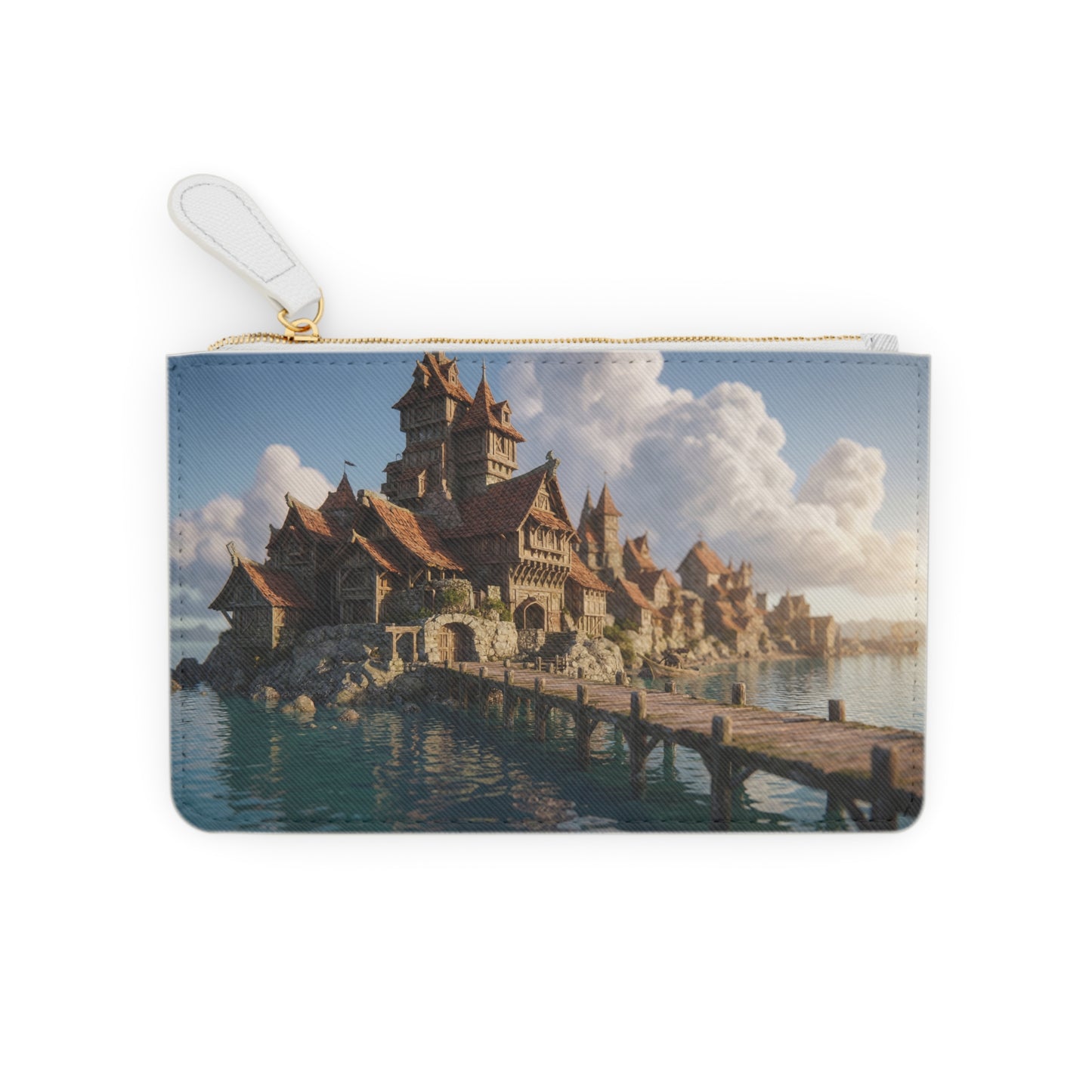 Harbor’s Whisper Mini Clutch Bag – Sunlit Coastal Village Dreamscape