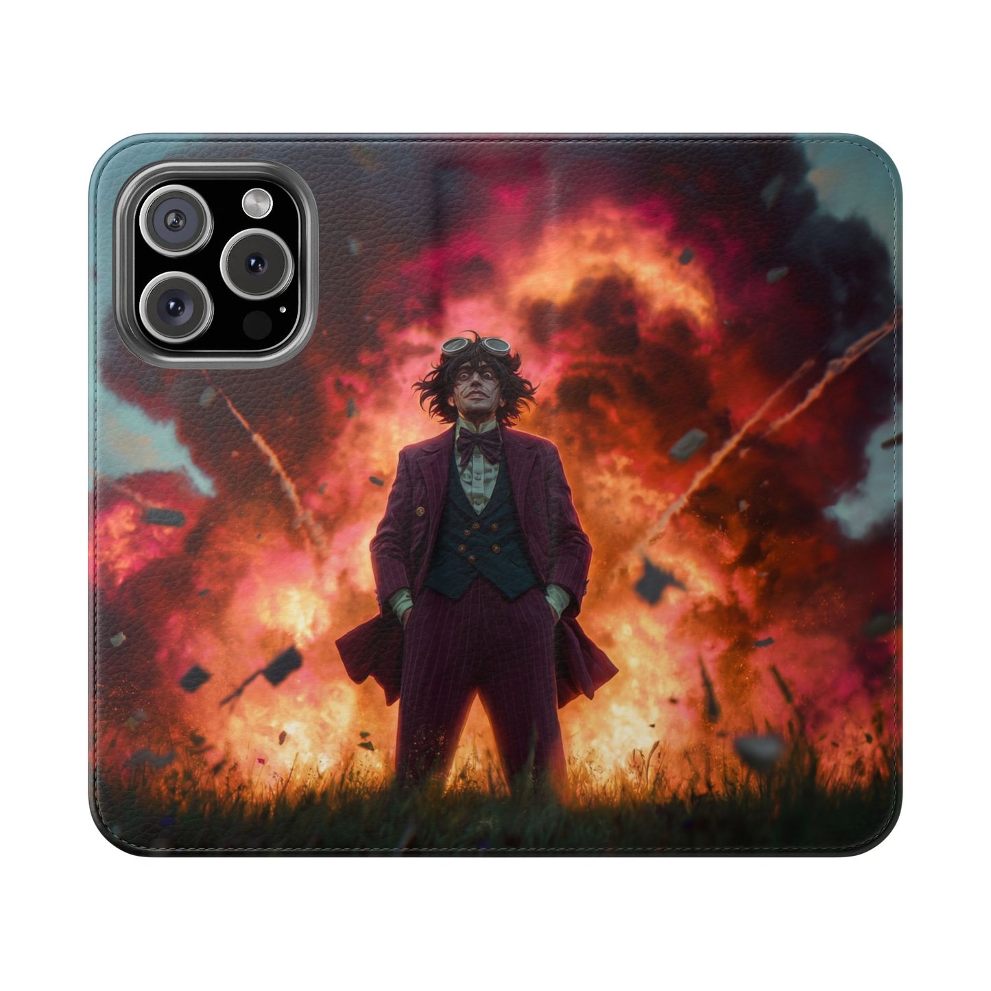 Goggles & Chaos Flip Cases – Purple Suit Amidst Fiery Explosion