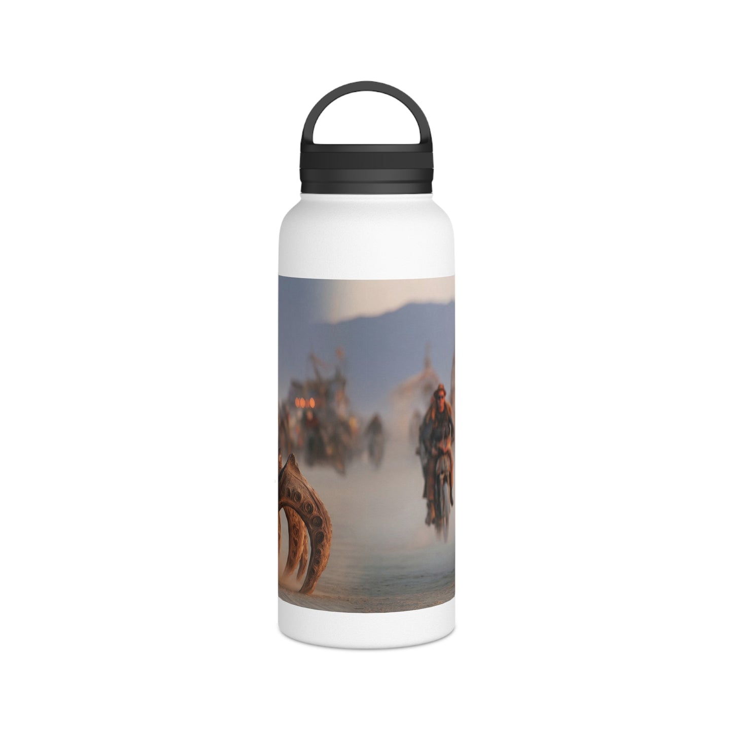Desert Nomad Chariot Water Bottle – Handle Lid – Dust-Swirled Sunset Ride