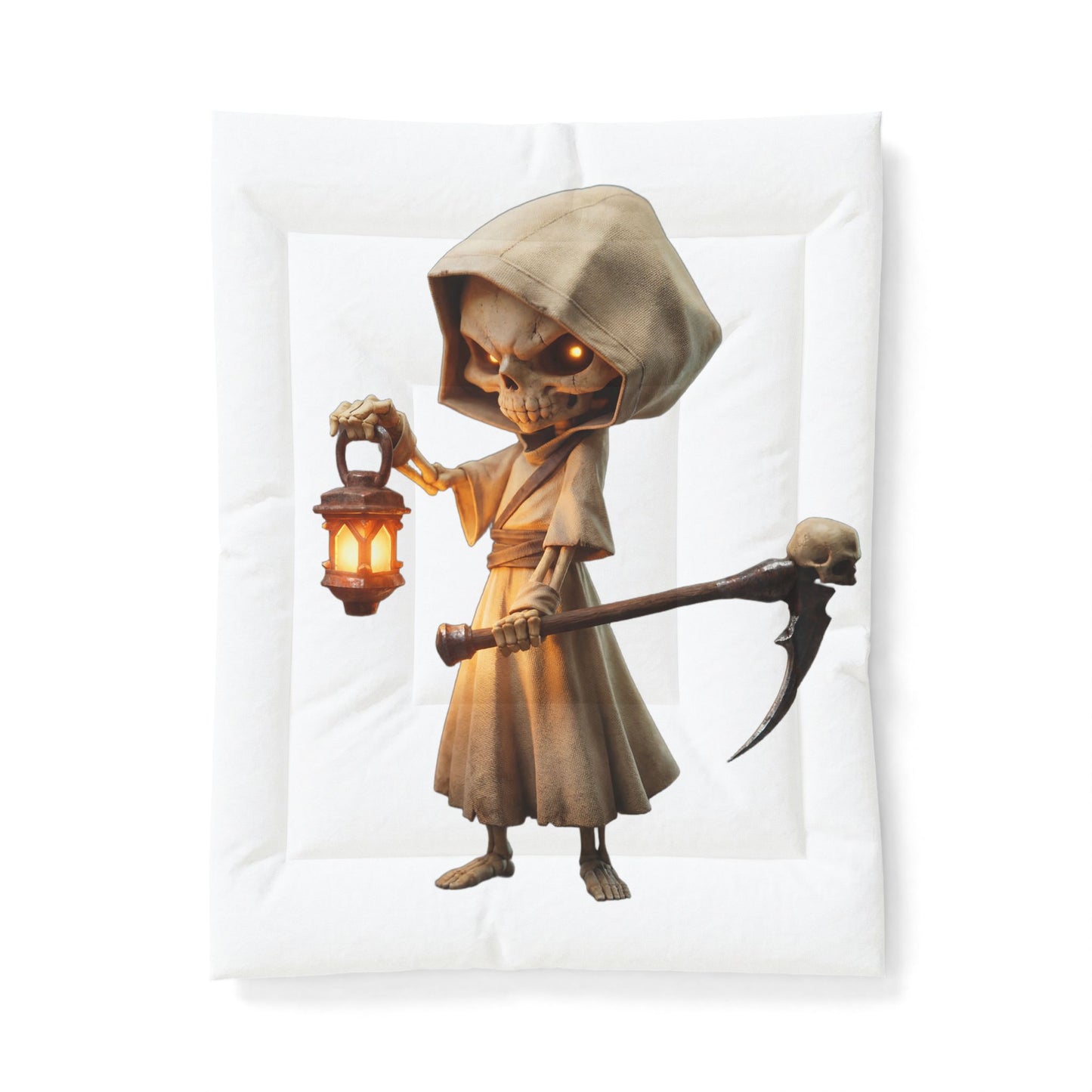 Lantern Bearer Cotton Comforter – Hooded Sentinel with Glowing Skull Eyes