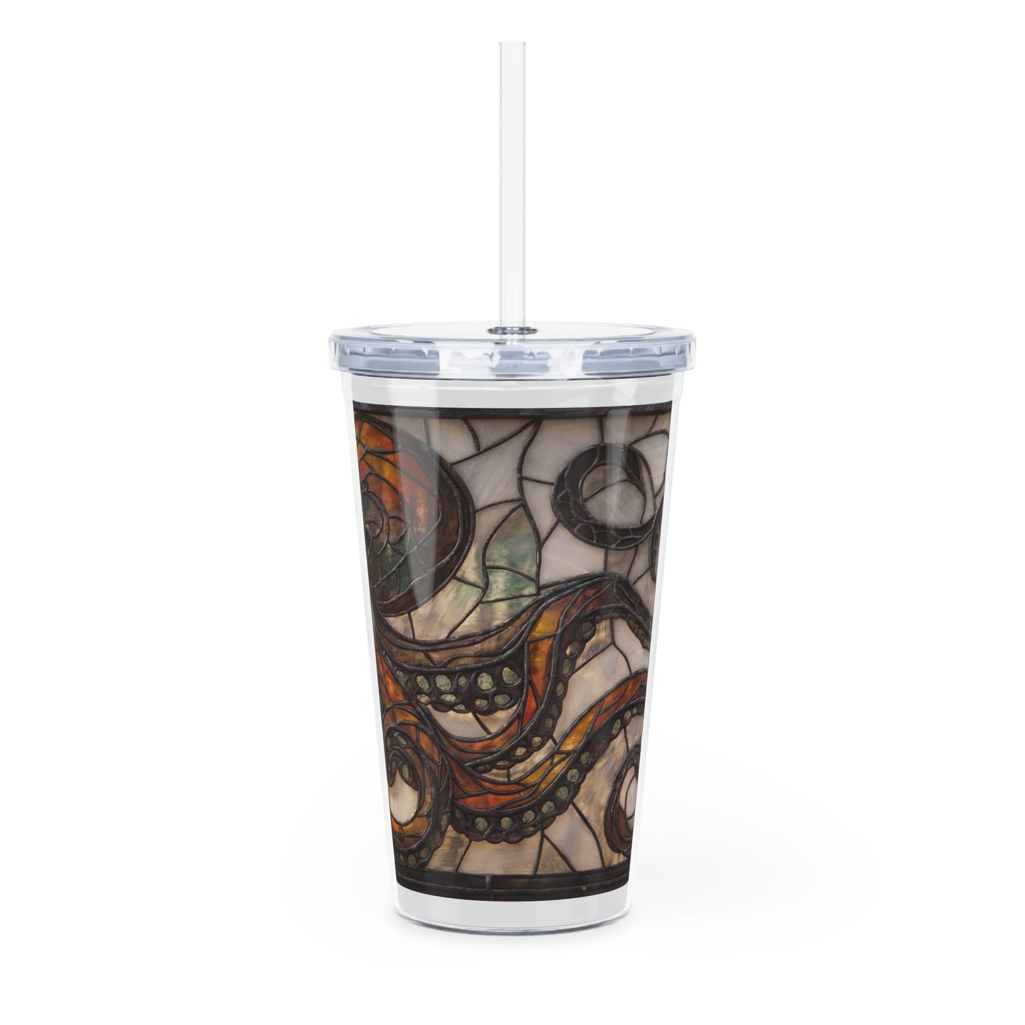 Stained Glass Octopus Tumbler with Straw – Amber Depths & Iron Lace