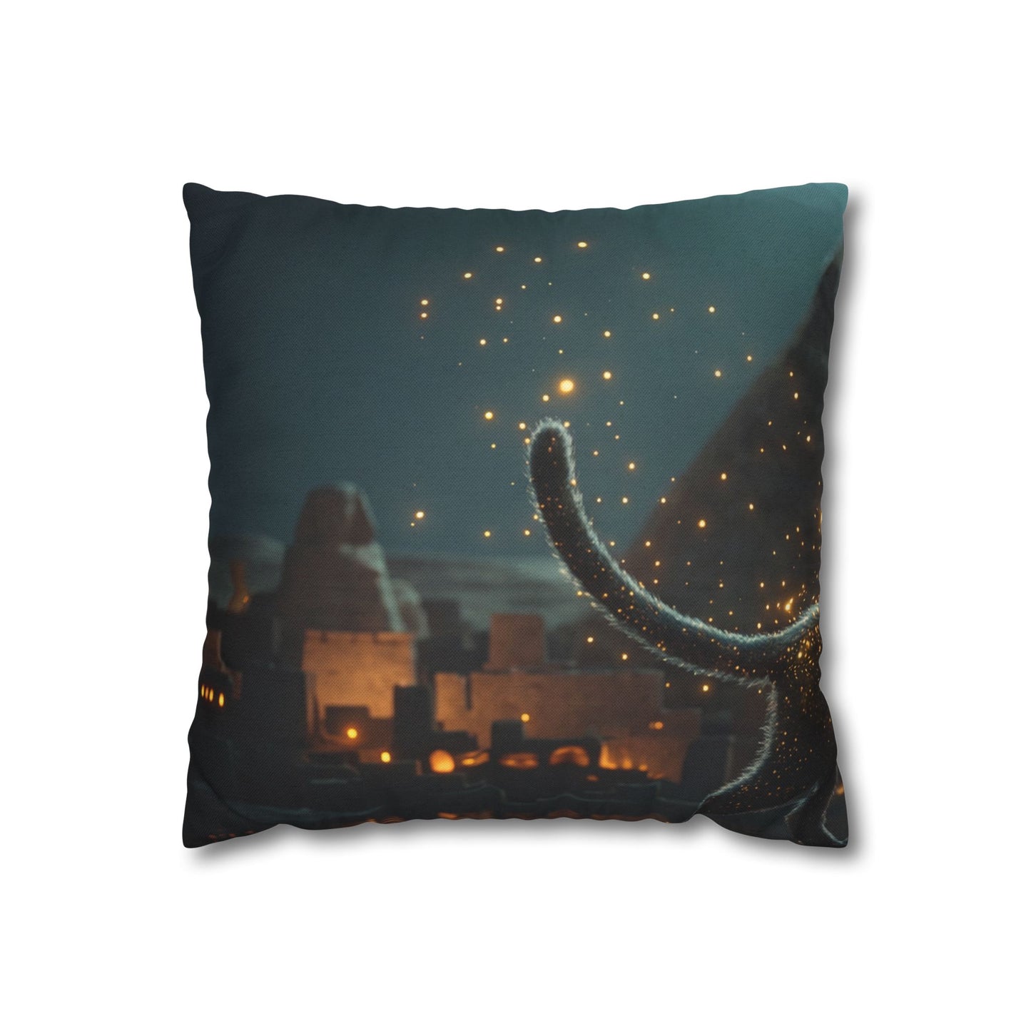 Starlit Cat by Pyramids Spun Polyester Square Pillowcase – Ancient Nightwalk Dreamscape