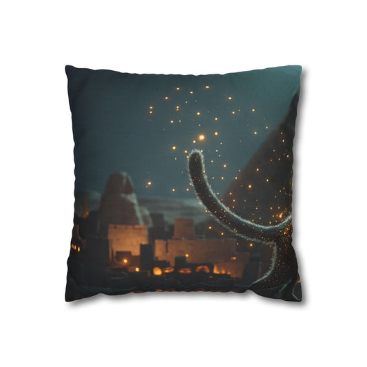 Starlit Cat by Pyramids Spun Polyester Square Pillowcase – Ancient Nightwalk Dreamscape