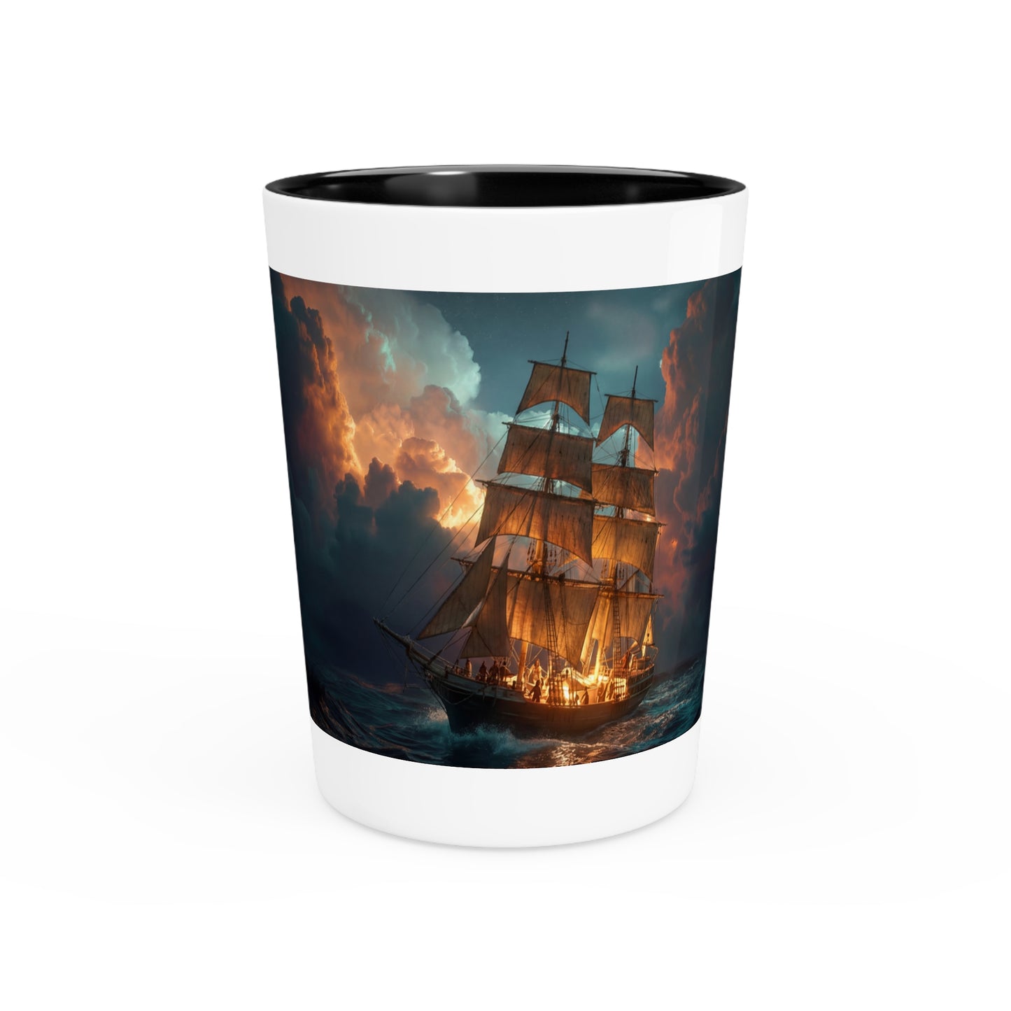 Stormbound Galleon Shot Glass – Golden Sails Against Burning Clouds