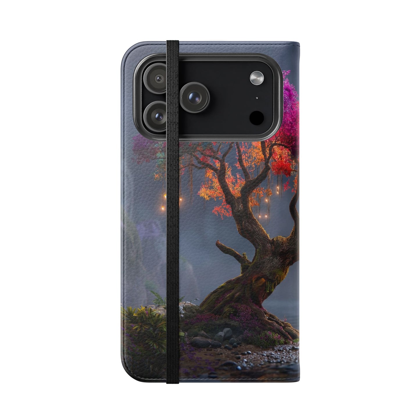 Chromatic Canopy Flip Cases – Rainbow Tree Moonlit Waterfall Scene