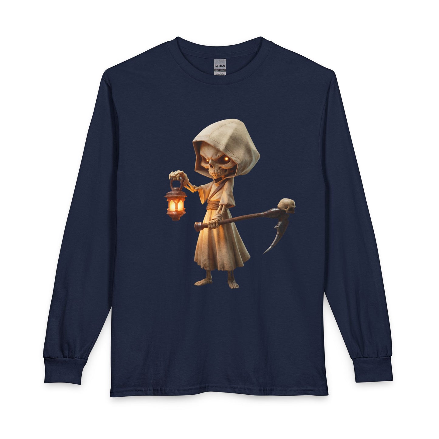 Lantern-Bearing Skeletal Guardian Unisex Long Sleeve T-Shirt – Warm Glow Against Black Canvas