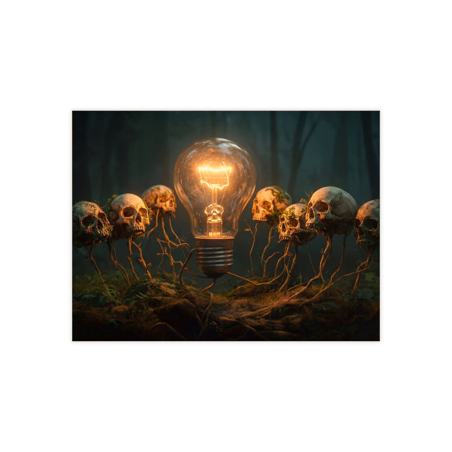 Glowing Bulb in Skull Garden Ceramic Photo Tile – Wisdom’s Warm Glow in the Dark