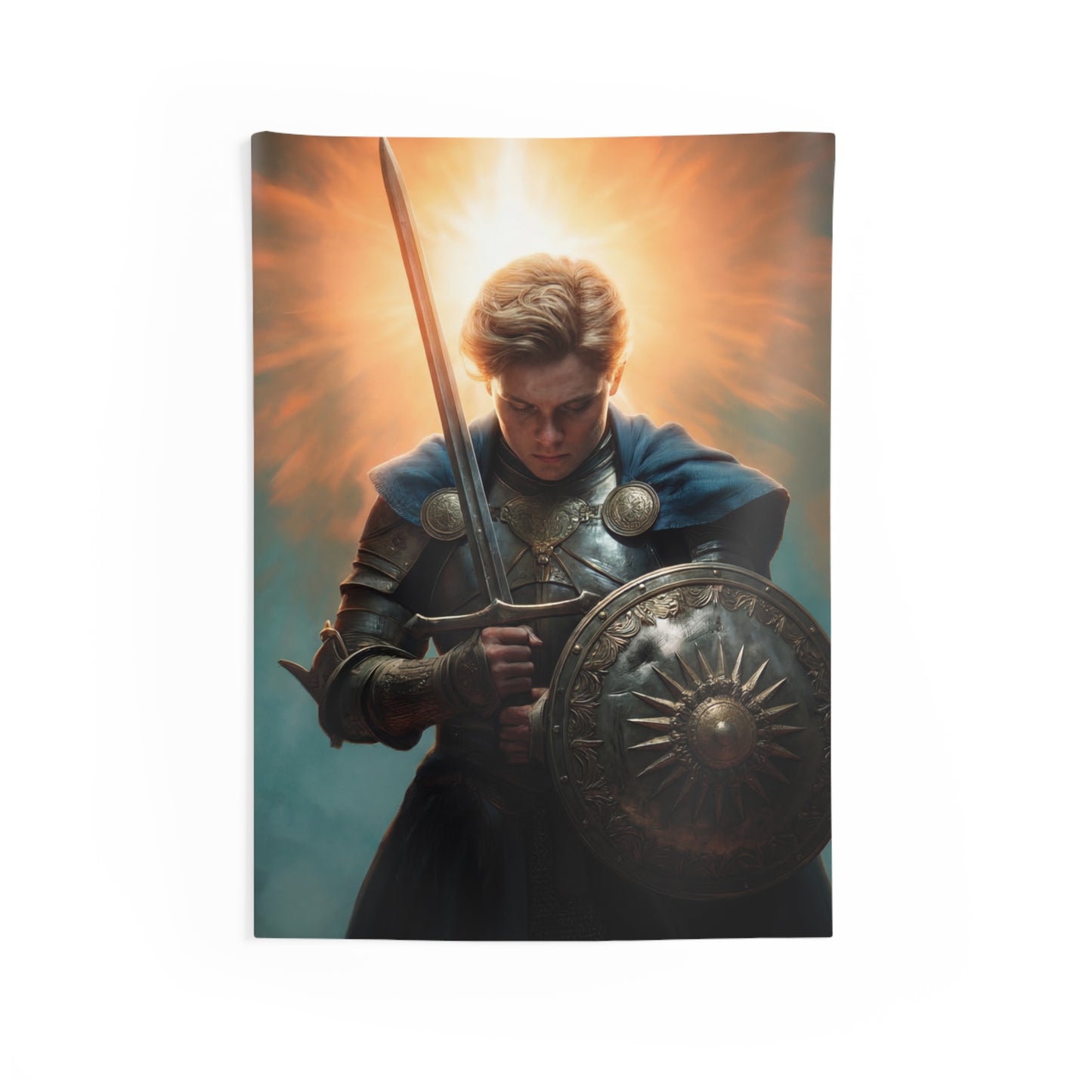 Radiant Knight Indoor Wall Tapestries – Dawn’s Last Light Before Battle