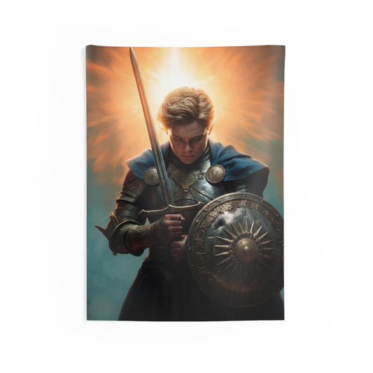 Radiant Knight Indoor Wall Tapestries – Dawn’s Last Light Before Battle