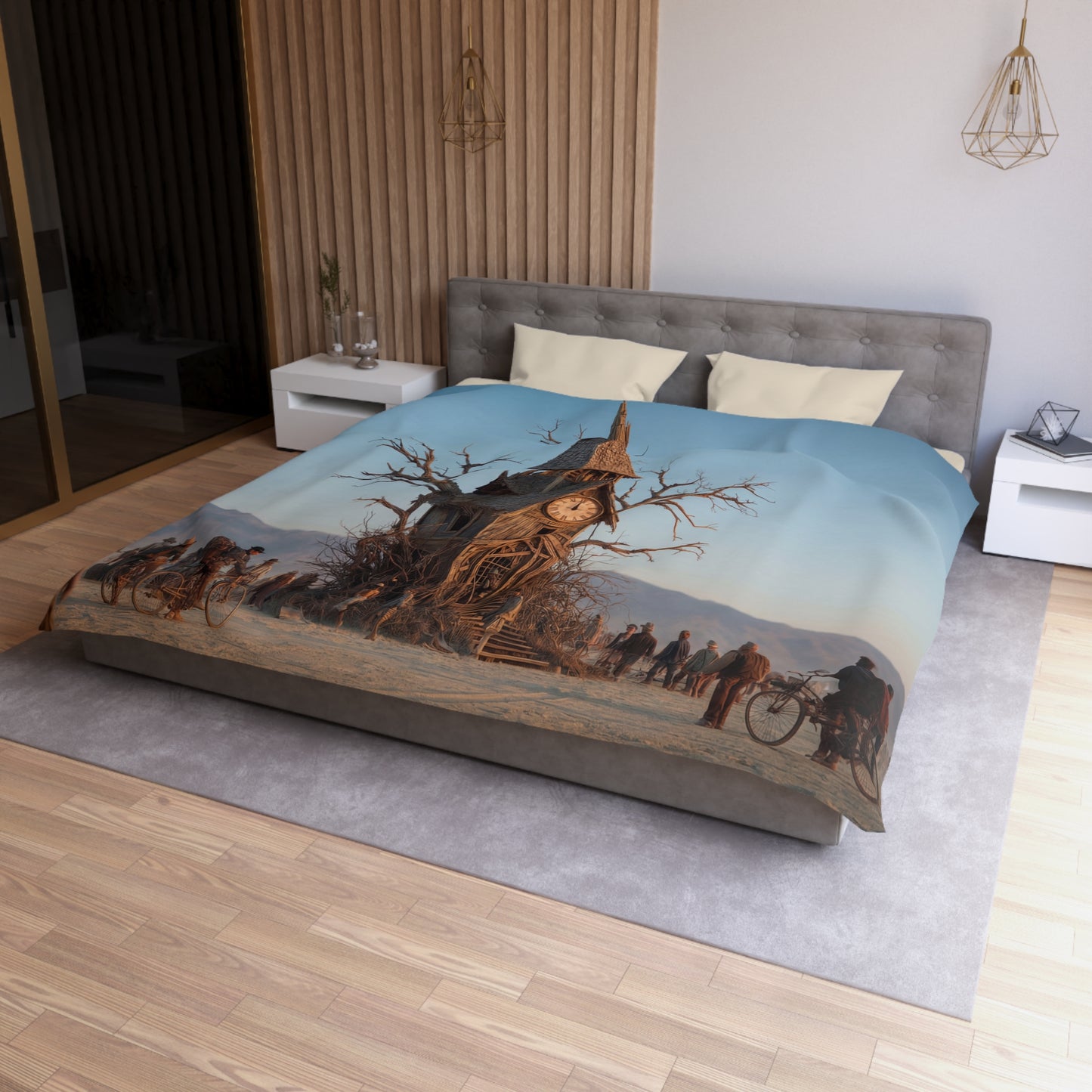 Timekeeper Tree Microfiber Duvet Cover – Dusty Wood Clocktower Sunset