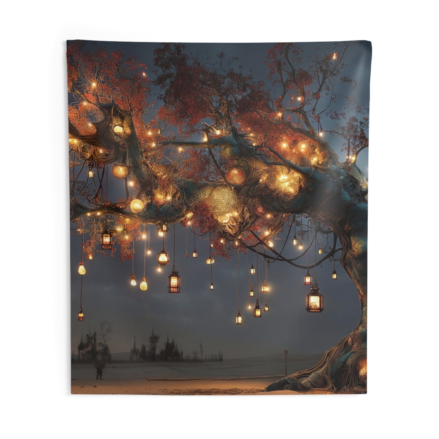 Lantern Tree Wall Tapestry – Desert Nightscape with Glowing Lights
