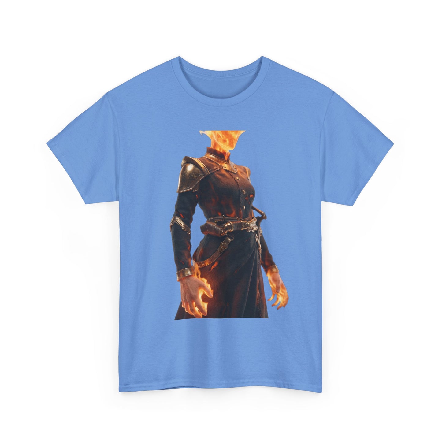 Flame-Headed Sentinel Unisex Heavy Cotton Tee – Gilded Armor & Burning Embers