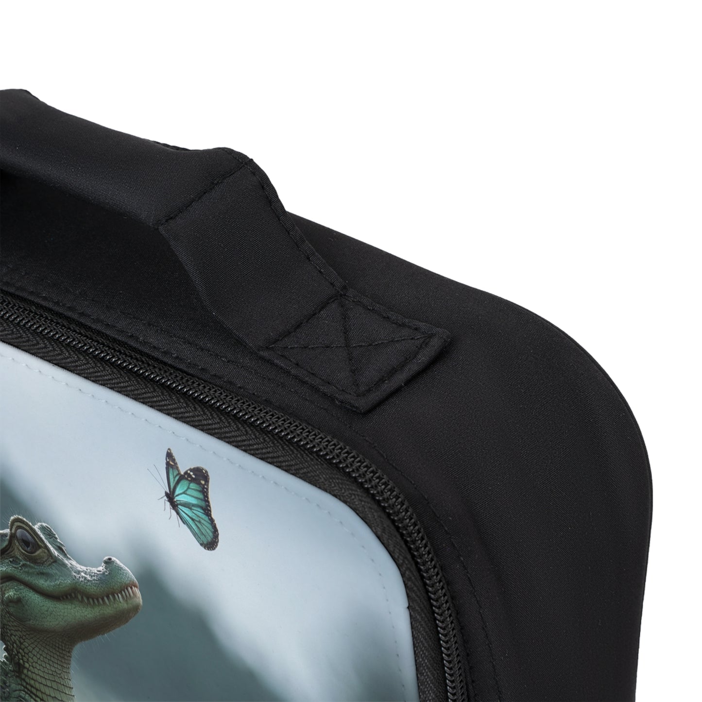 Curious Caiman Lunch Bag – Emerald Gaze Meets Azure Butterfly