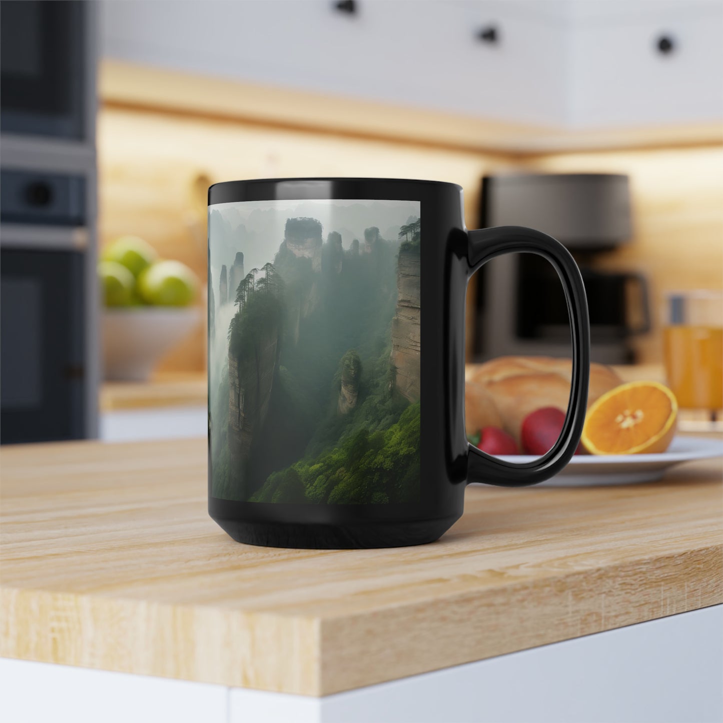 Captivating panoramic image of the Zhangjiajie National Forest Park in China, showcasing the towering sandstone pillars shrouded in mist - Mug, Black