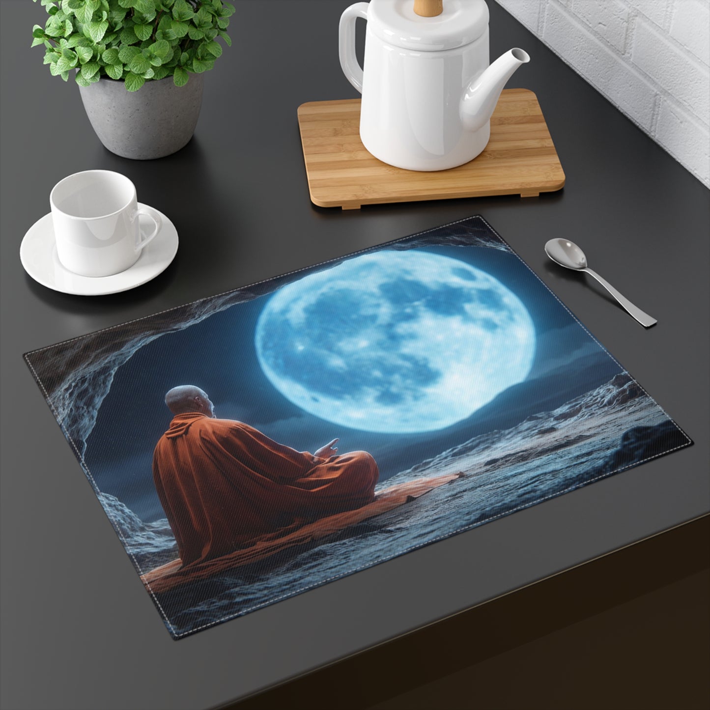 Moonlit Monk Placemat – Serene Cave Meditation Scene