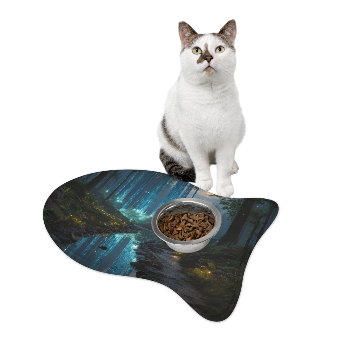 Celestial Waterfall Pet Feeding Mats – Azure Light Through Ancient Pines