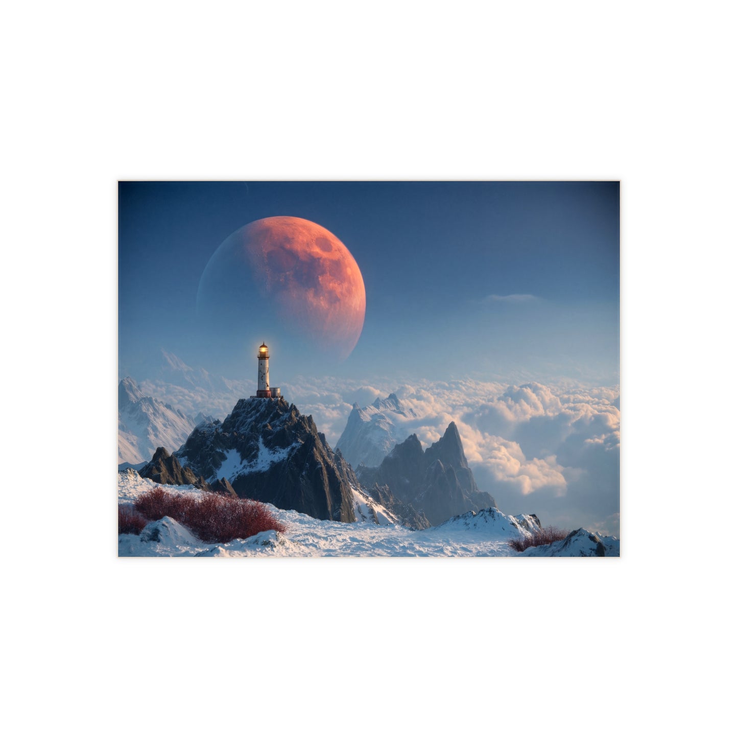Lighthouse on Snowy Peak Ceramic Photo Tile – Crimson Moon Over Cloud Sea