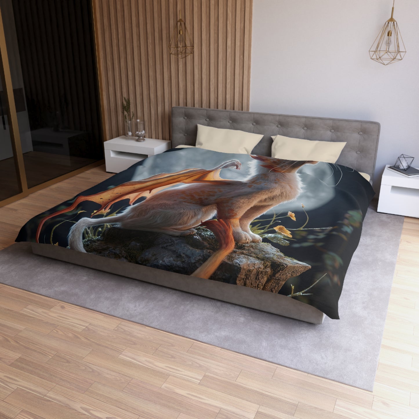 Lunar Dragon Cat Microfiber Duvet Cover – Moonlit Sentinel Dreamscape