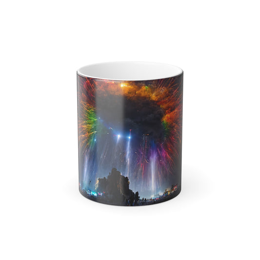 giant rainbow fireworks exploding in the sky, black rock city in the background, lasers and lights illuminating dust, last star in an early morning sky, crowds of people dancing below, award-winning photo, photographic realism - Color Morphing Mug, 11oz