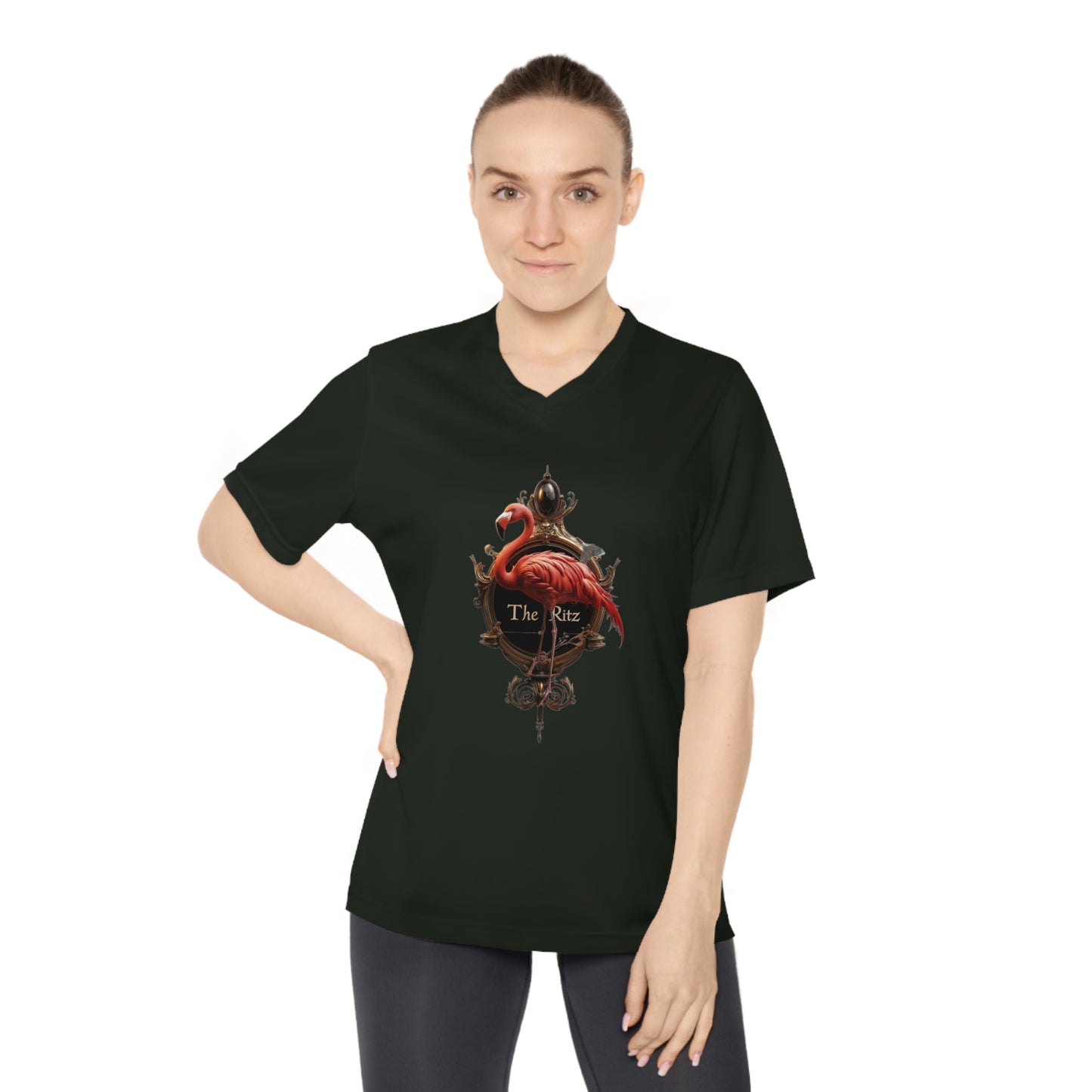 Velvet Frame Flamingo Women's Performance V-Neck T-Shirt – Ornate Gold Ritz Crest
