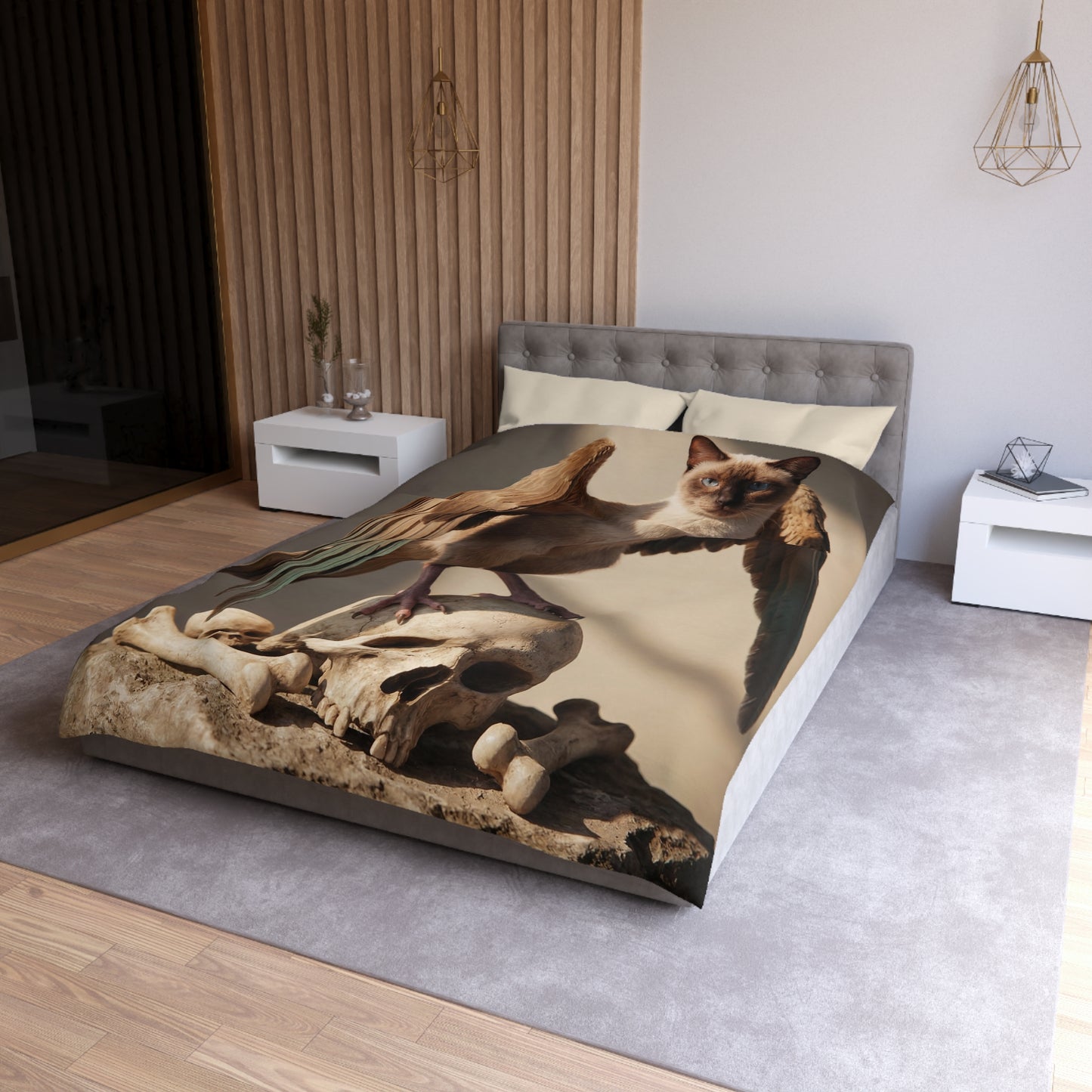 Winged Siamese Cat Duvet Cover – Sunlit Guardian of the Bone Altar