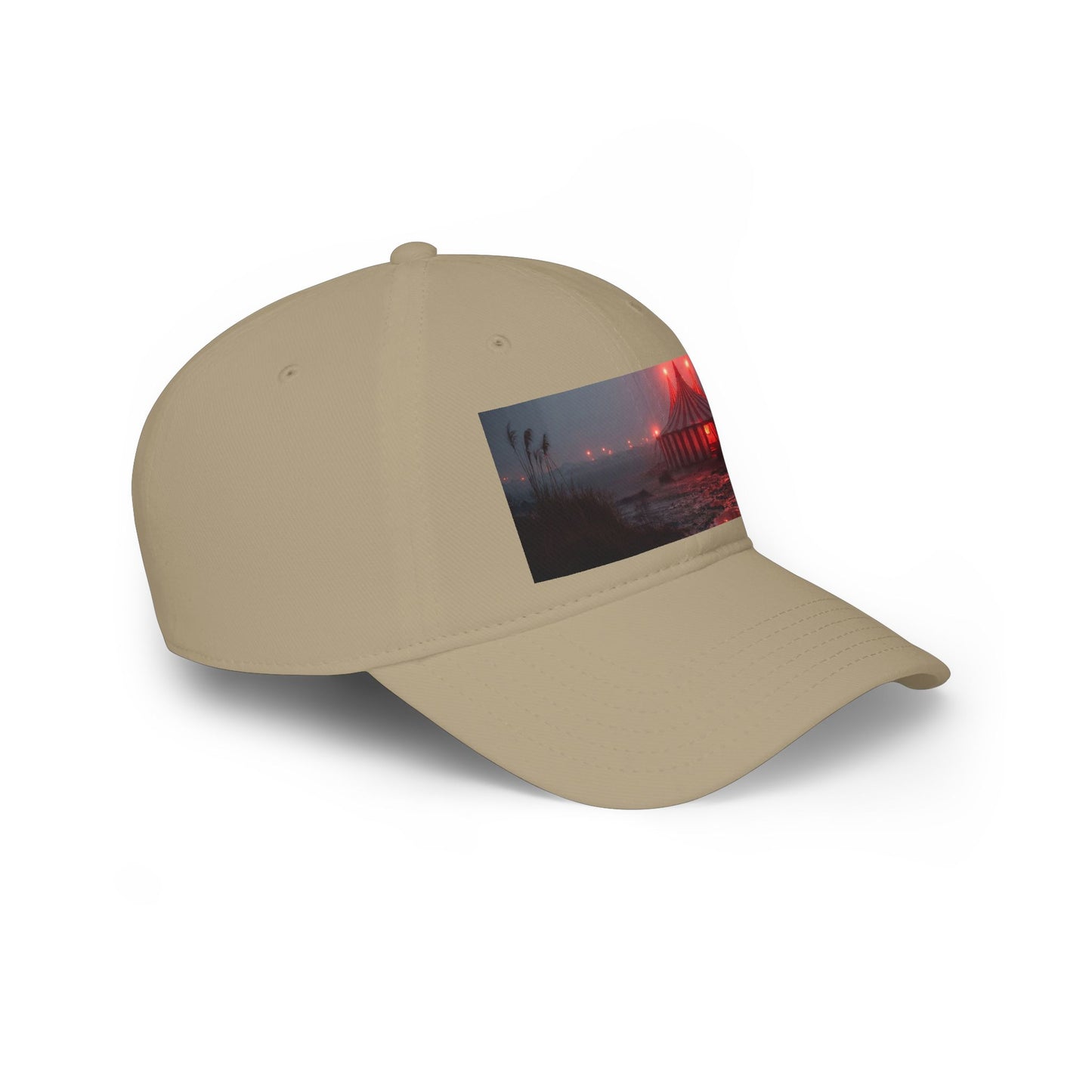 Crimson Carnival Tent Cap – Foggy Shoreline Circus Scene Low Profile Baseball Cap