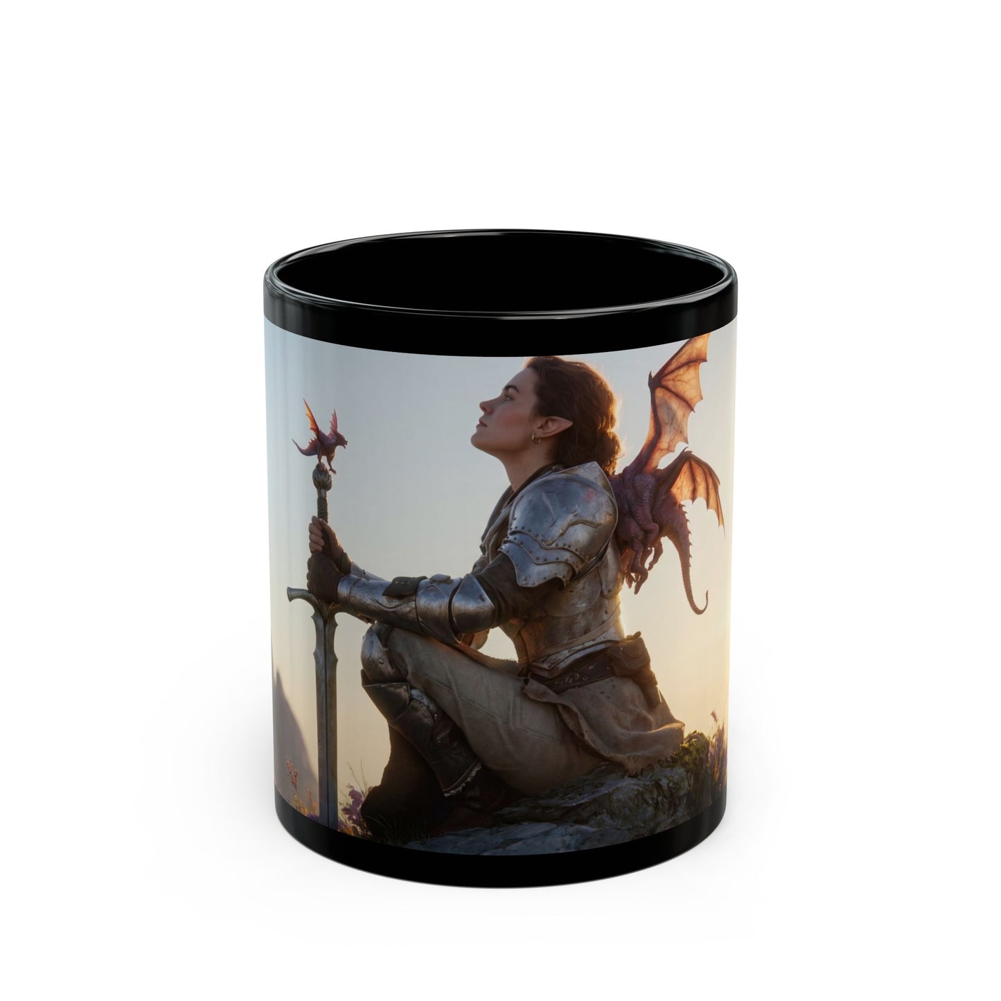 Dragon Knight and Tiny Dragon Black Mug – Sunset Sentinel Dreamscape