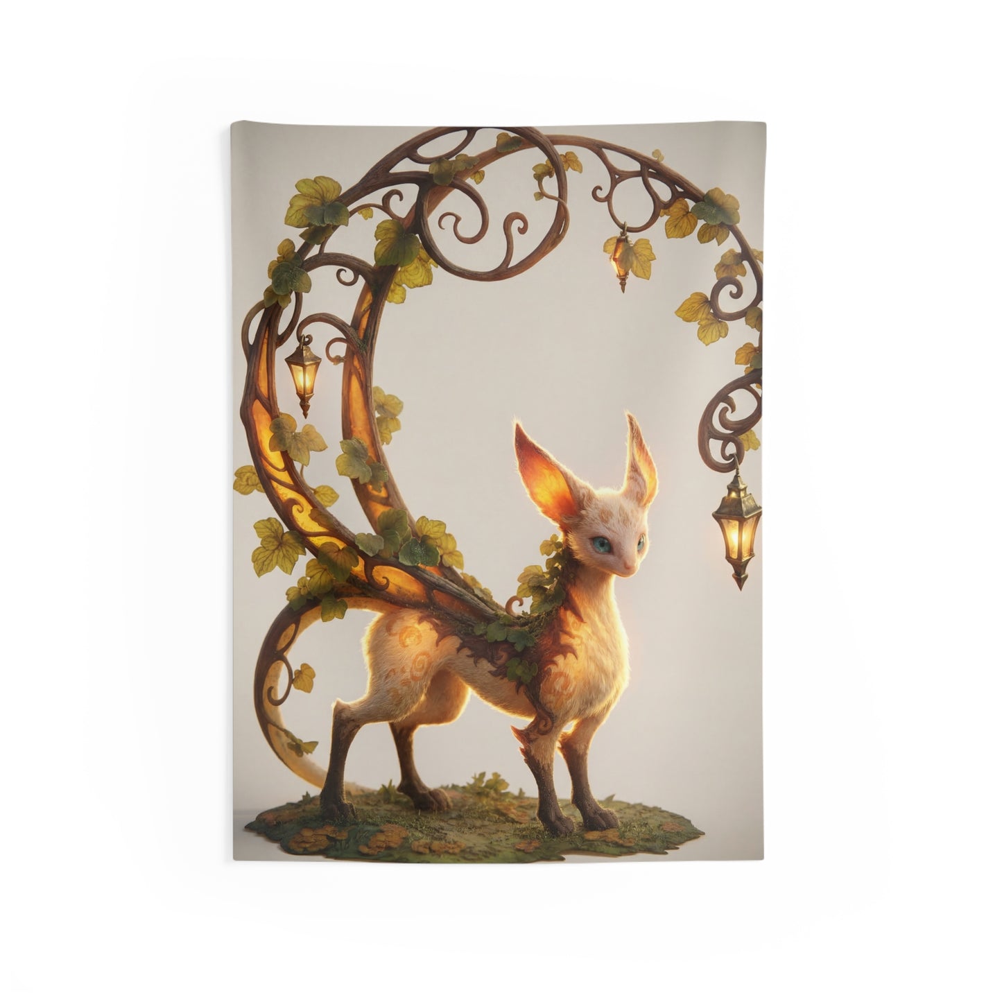 Moonlit Fox Sentinel Indoor Wall Tapestries – Whimsical Lantern Archway Guardian