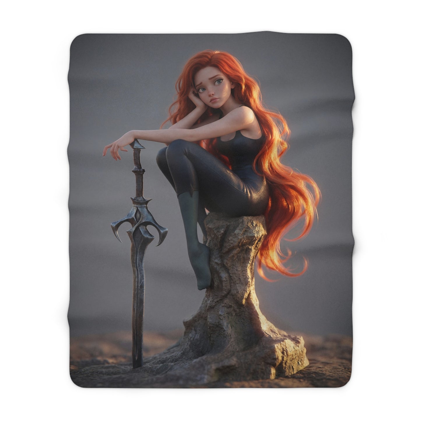 Red-Haired Sentinel Sherpa Fleece Blanket – Sunset Vigil on the Stone