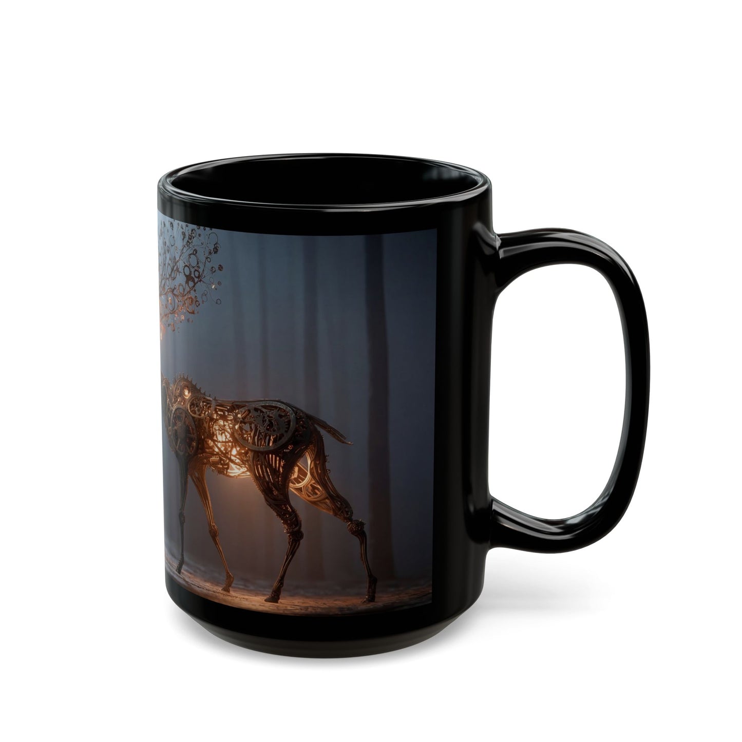 Clockwork Stag Black Mug – Luminescent Forest Mechanism