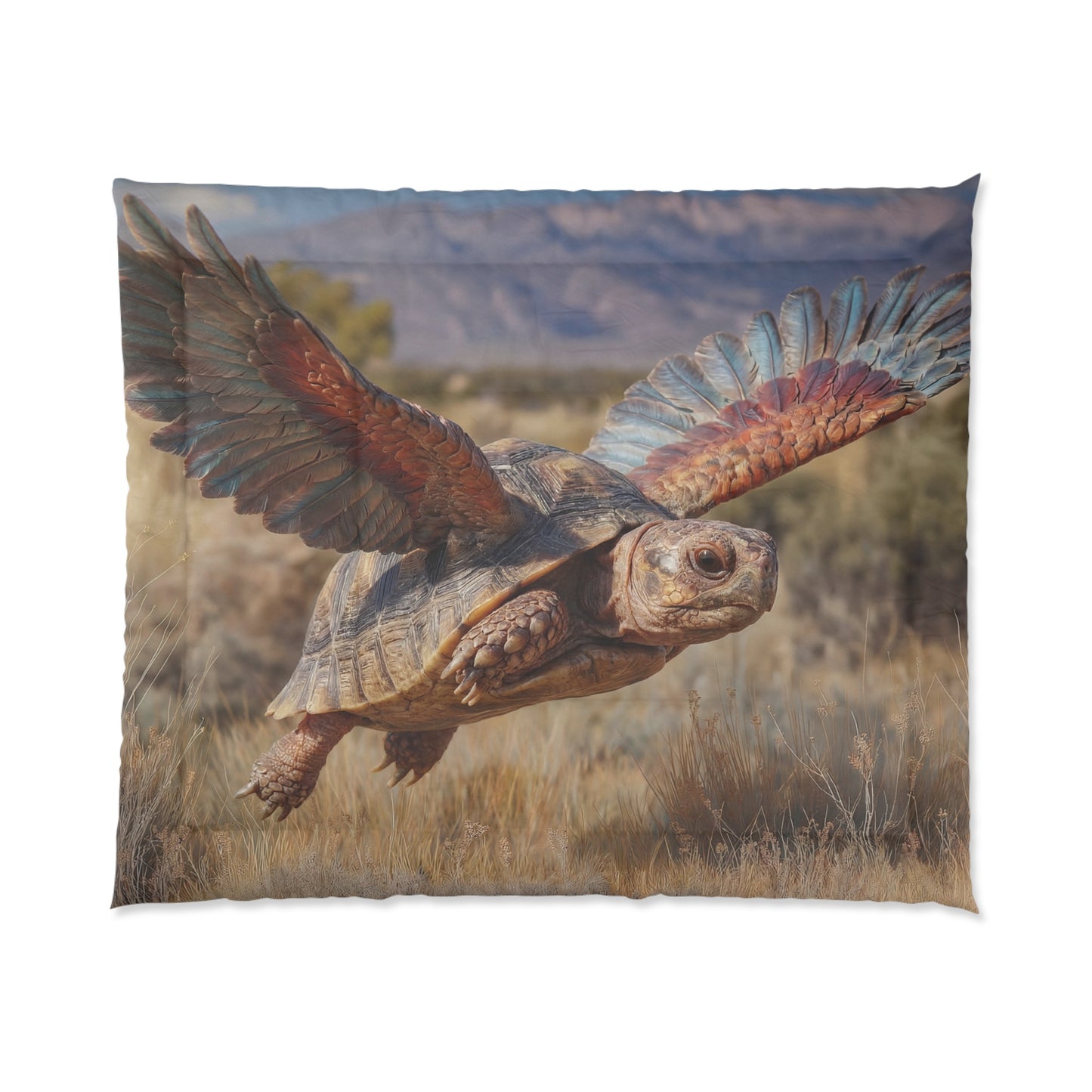 Winged Tortoise Comforter – Sunset Soar Over Desert Peaks