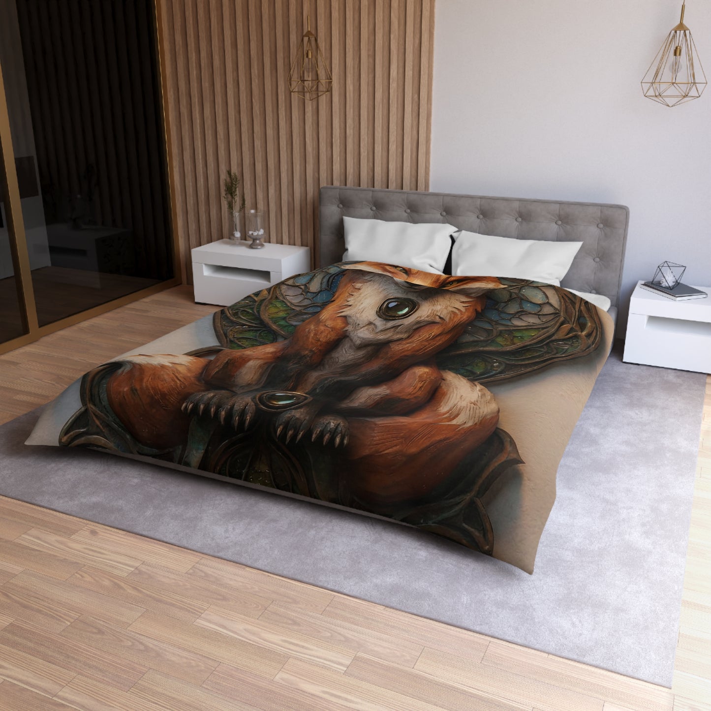 Fox Sentinel Microfiber Duvet Cover – Warm Amber Guardian in Stained Glass