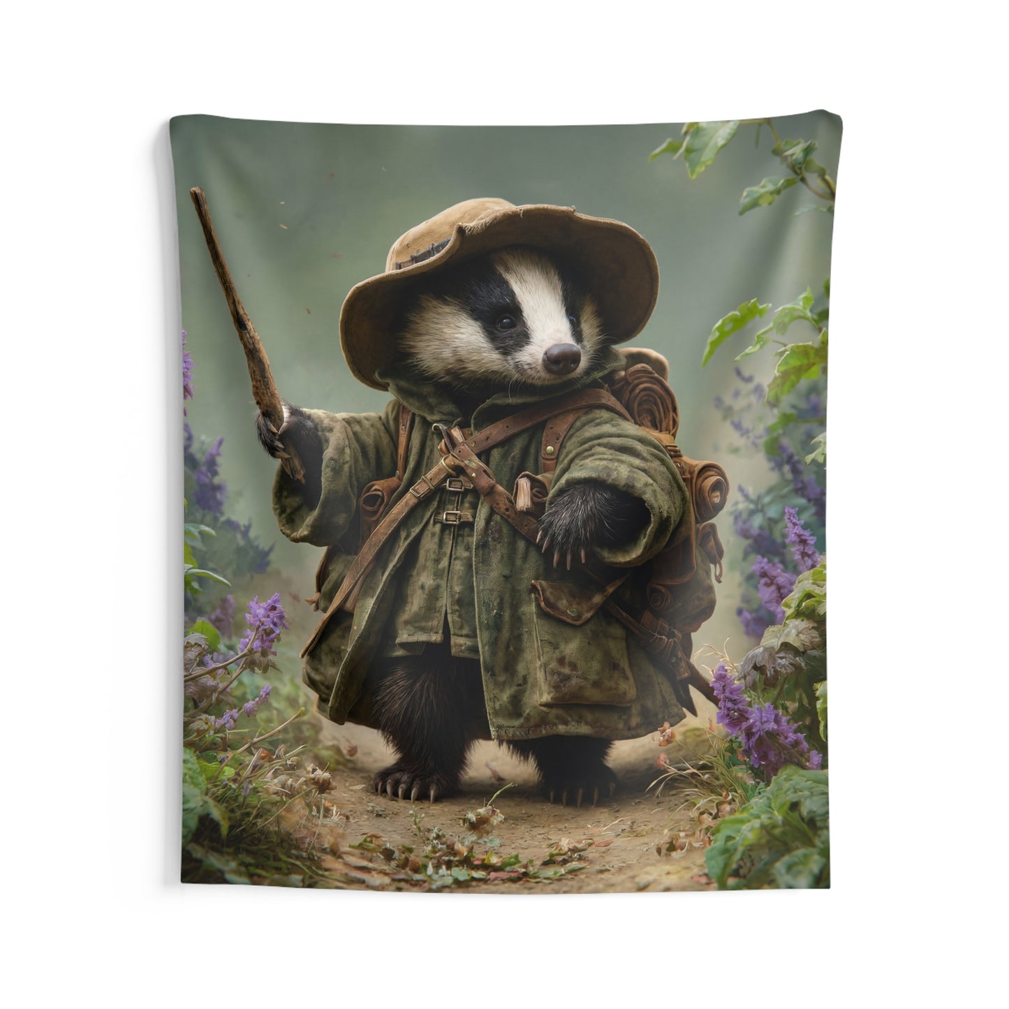 Badger Explorer Wall Tapestry – Mossy Path Through Purple Wildflowers