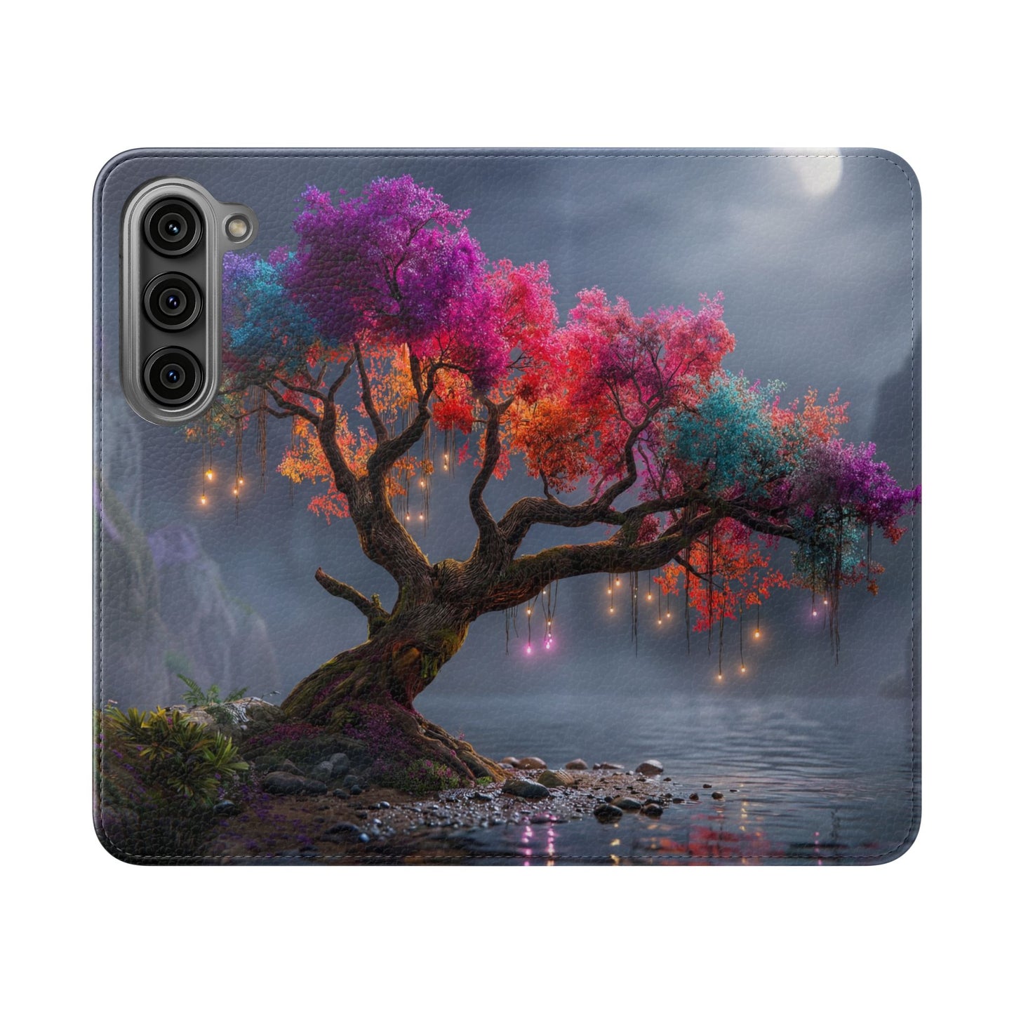 Chromatic Canopy Flip Cases – Rainbow Tree Moonlit Waterfall Scene