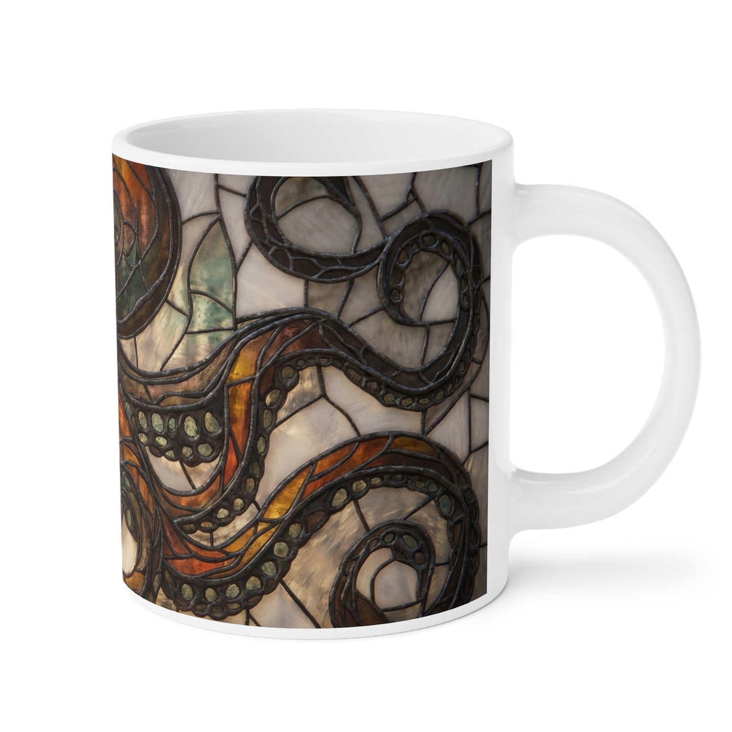 Art Nouveau Octopus Stained Glass Mug – Warm Amber Whirls on Deep Frame