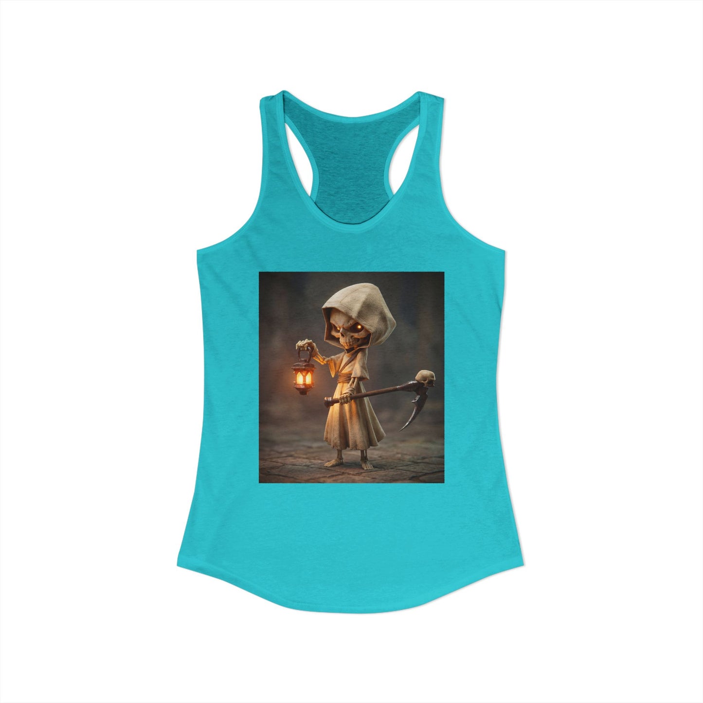 Lantern-Bearing Skeleton Women's Ideal Racerback Tank – Guiding Light Guardian Graphic