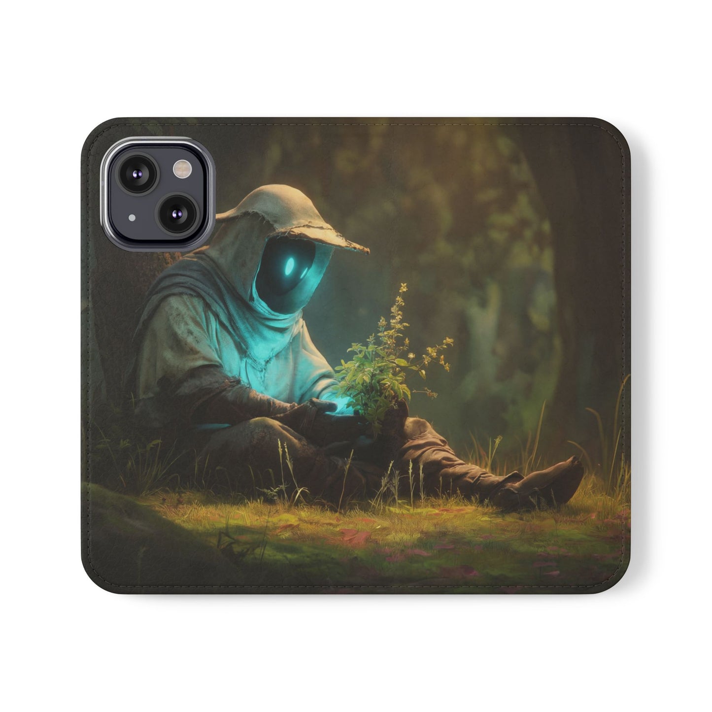 Glowing Orb Hooded Guardian Flip Cases – Bioluminescent Forest Keeper