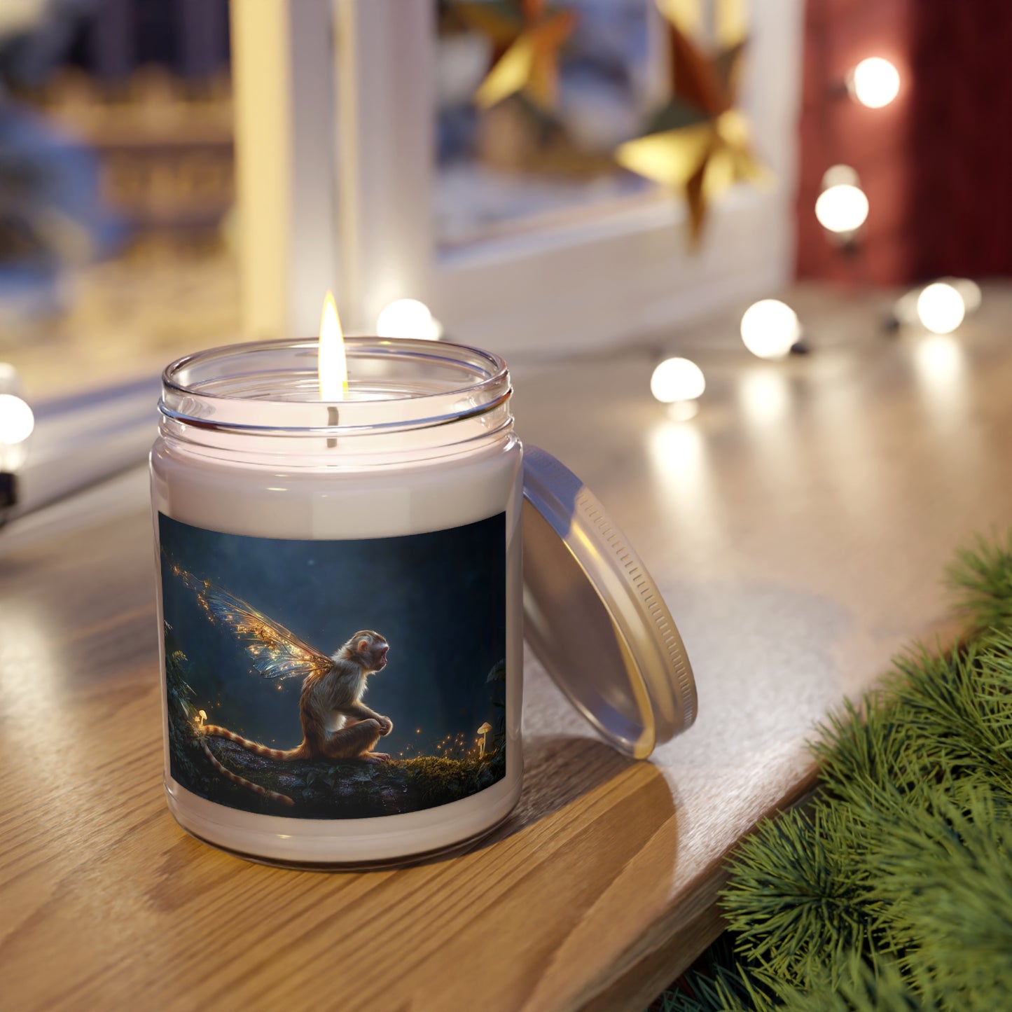 Whispering Forest Monkey Scented Soy Candles with White Lid, 9oz – Golden Winged Guardian of the Night