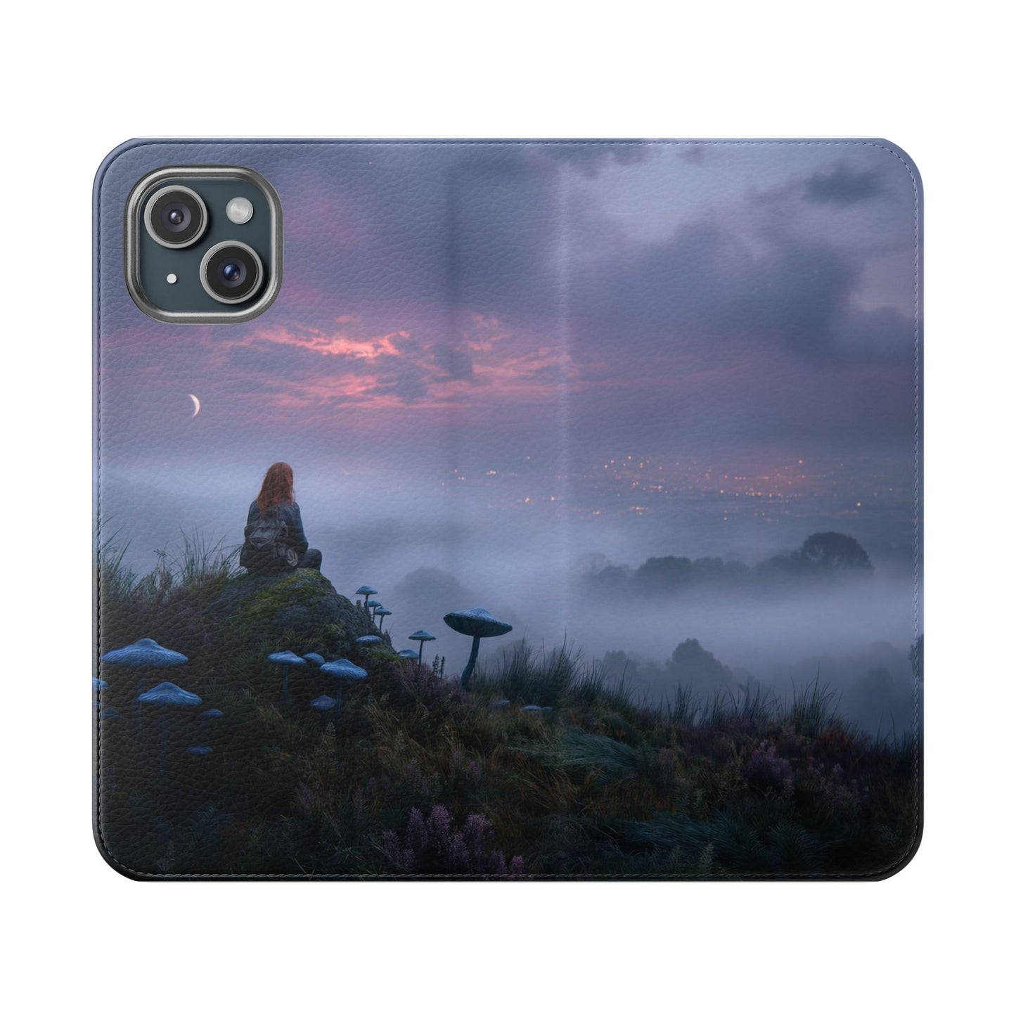 Misty Hilltop Flip Cases – Red-Haired Wanderer at Twilight